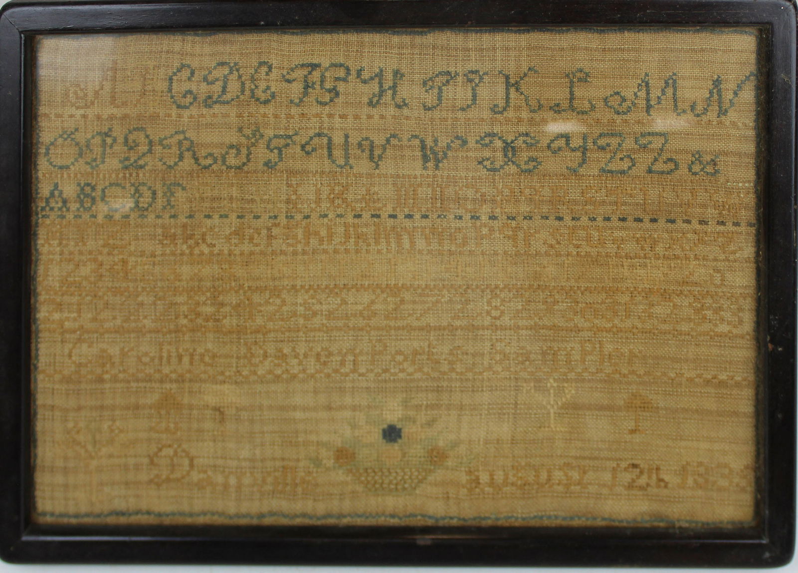 1835 Caroline Davenport Danville sampler: 1835 Caroline Davenport, Danville schoolgirl sampler, 7 1/4" x 11"