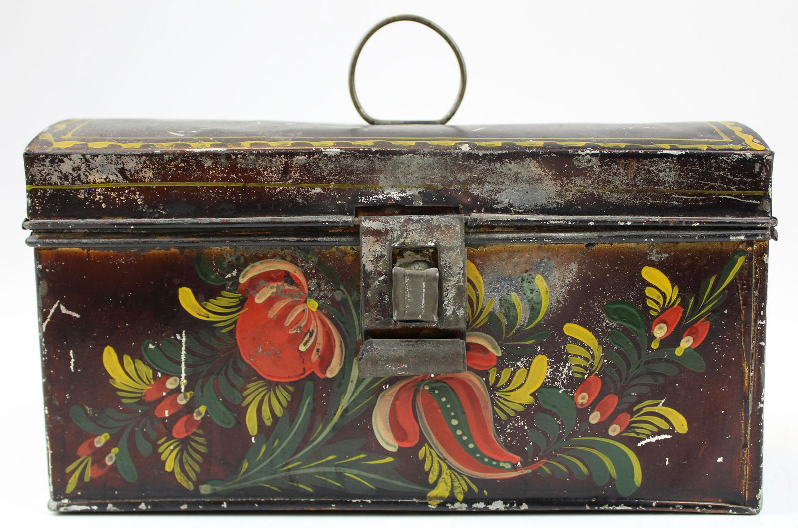 painted tin toleware document box: tin toleware document box, domed top, painted and Japanned, length 8"