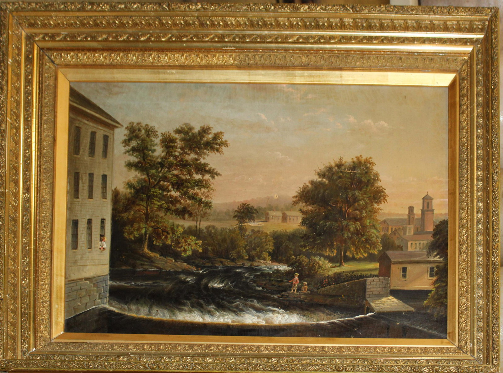 19th c Hudson River school townscape: 19th c Hudson River School townscape with mill and town oil on canvas minor losses and tears 20 x 30"