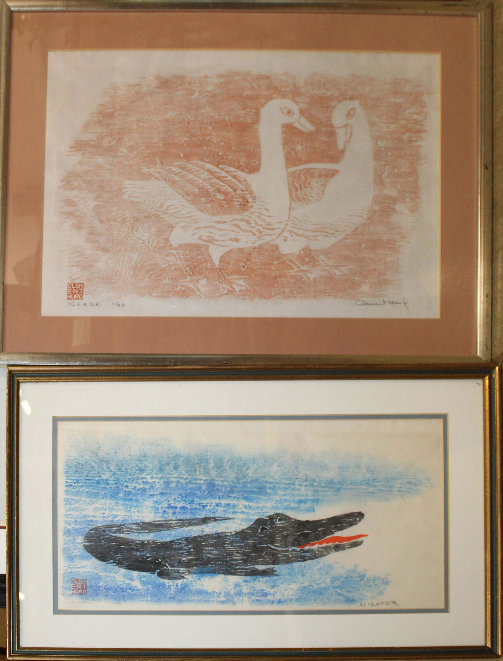 Clement Hurd (VT 1908-1988) Two prints: Clement Hurd (Vermont 1908-1988)Two woodblock Prints "Geese" editioned 11/40 16 x 23" and Alligator 11 x 22" Clement Hurd is the award winning illustrator of Goodnight Moon!