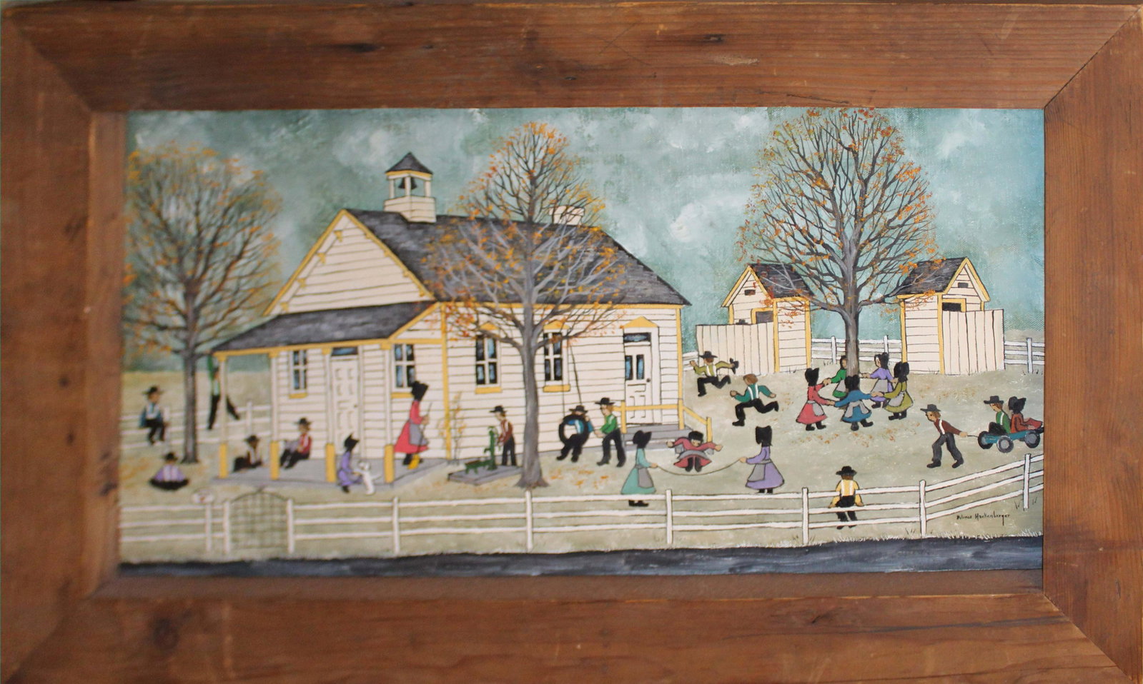 Delores Hackenberger (AM 1930-): Delores Hackenberger (American 1930-) Amish Schoolhouse oil on canvas signed lower right 12 x 24"