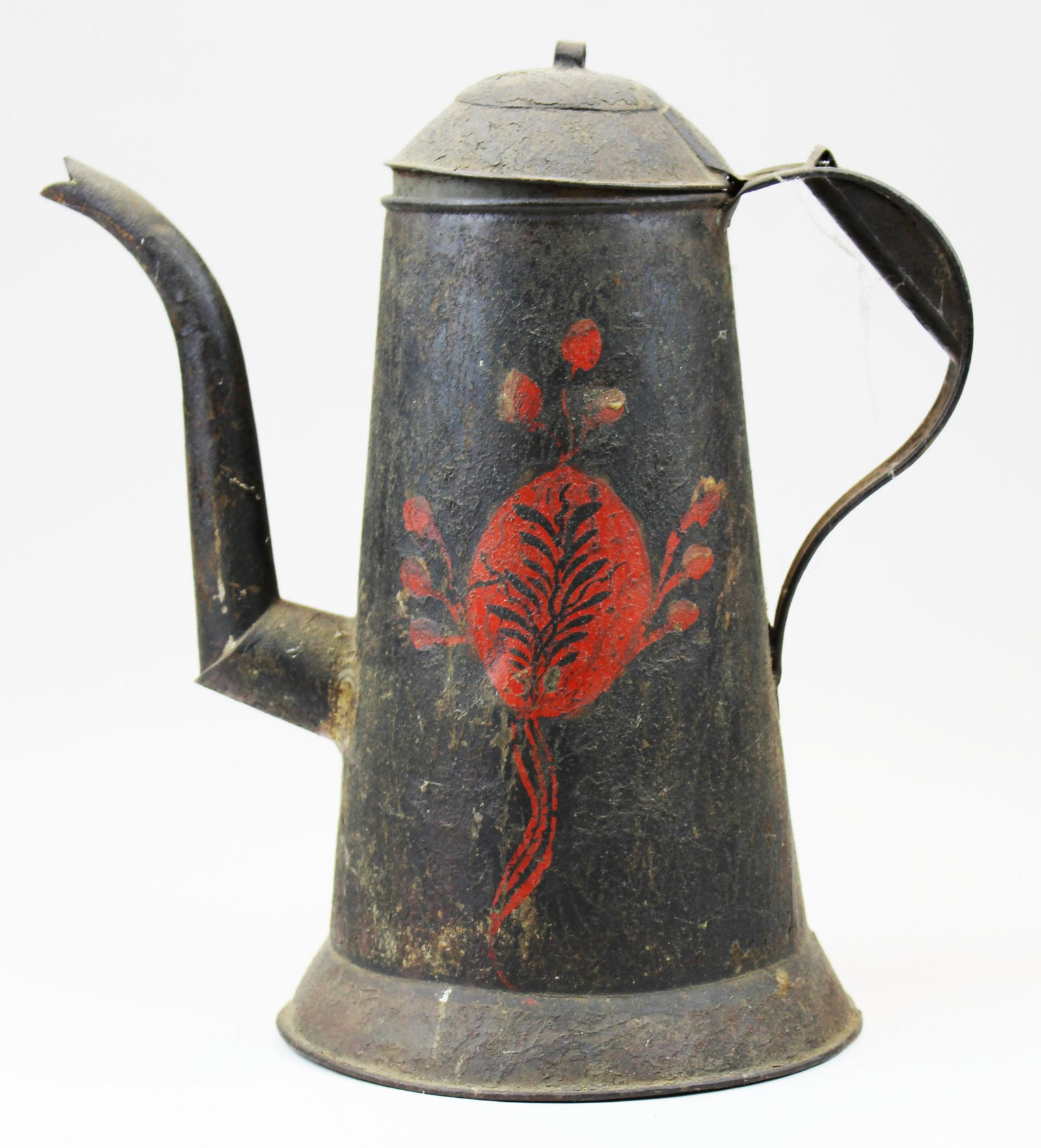 painted tin toleware gooseneck coffee pot: painted tin toleware gooseneck coffee pot, ht 10 1/2"