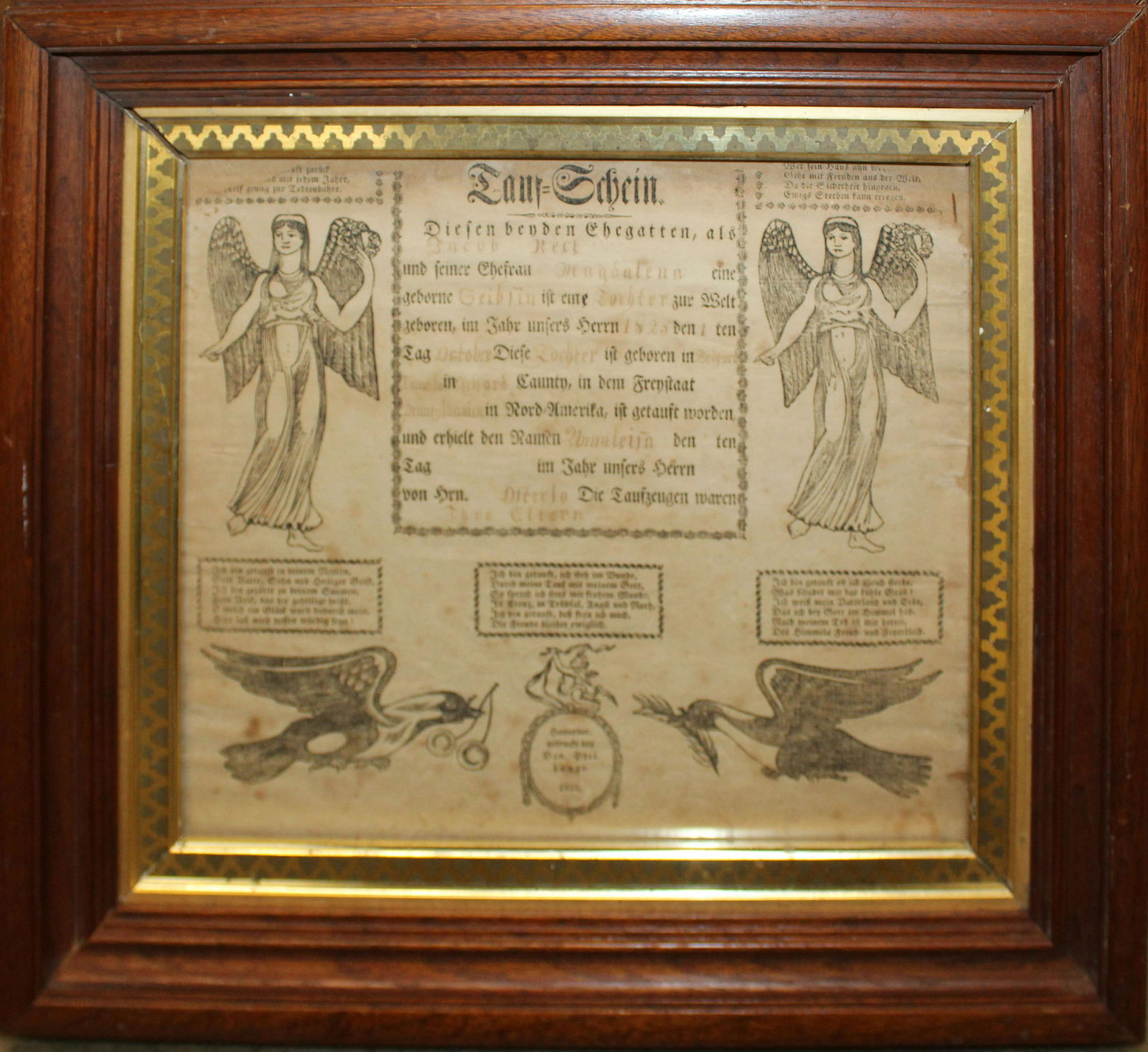 Pennsylvania printed fraktur: 1821 Pennsylvania printed fraktur- Jacob Best & Magdalena Tochter, printed by Daniel Lange, Hannover, losses on top corners, 11" x 12 1/2"