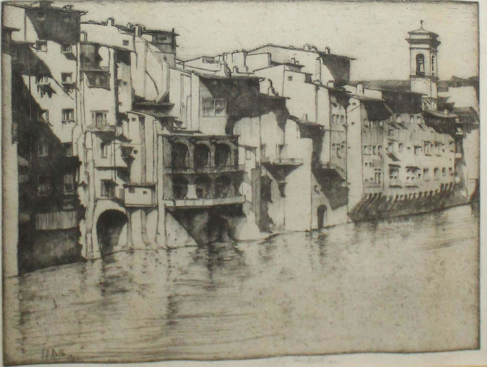 Ernest David Roth (AM 1879-1964): Ernest David Roth (American 1879-1964) Sunlight and Shadow on the Arno etching on paper signed lower margin 9 x 9"