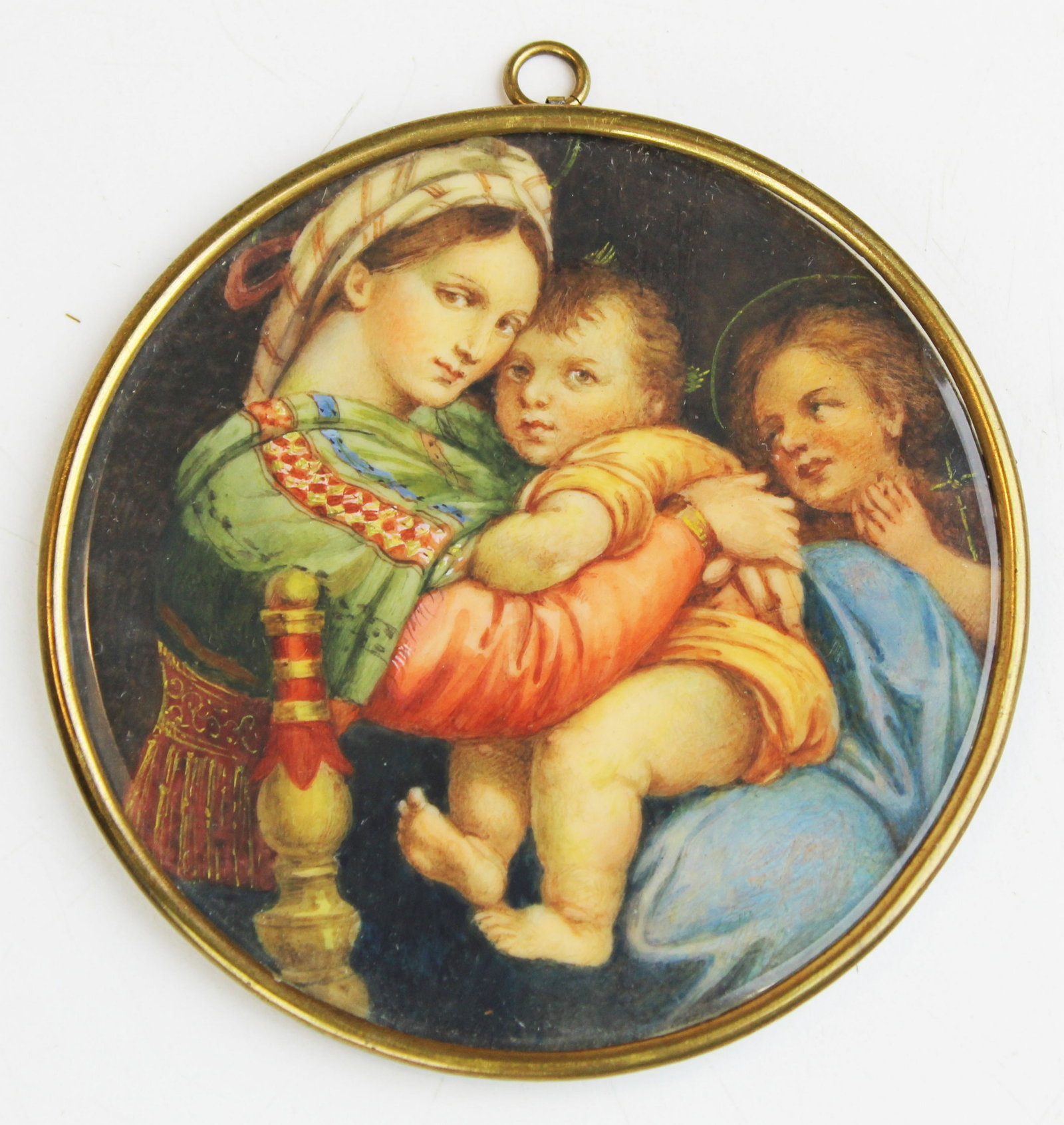 After Raphael Sanzio Di Urbino (IT 1483-1520): ca 1900 hand painted w/c of Madonna della seggiola After Raphael Sanzio Di Urbino (IT 1483-1520) , souvenir of Firenze (Florence), signed on reverse "E Focacci via Arnolfo 53, Firenze", on celluloid b