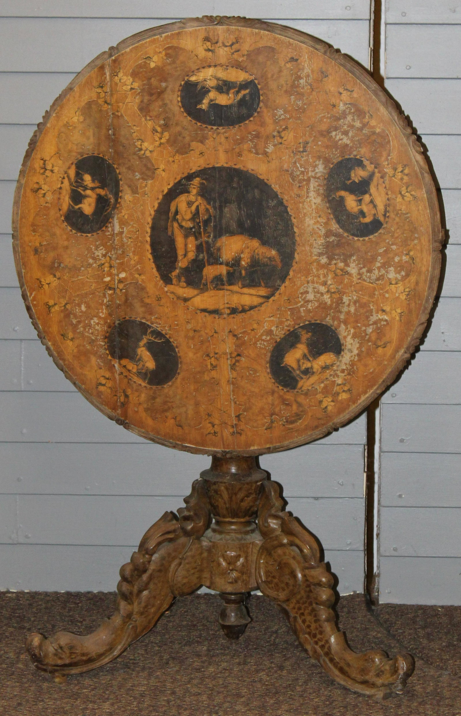 19th c. Continental inlaid tilt top tea table: 19th c. Continental Classical inlaid walnut and pine tilt top tea table with 6 scenic panels of shepherds dia. 29" ht. 29"