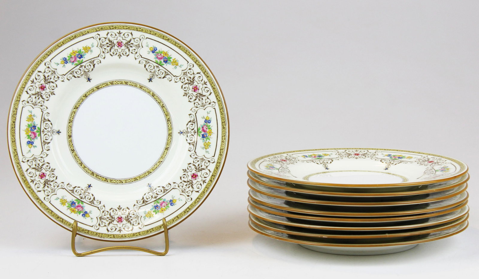 Minton Cambridge luncheon plates: set of 7 Minton "Cambridge" pattern 8 3/4" luncheon plates, brown transfer with raised enamel hand painted flowers