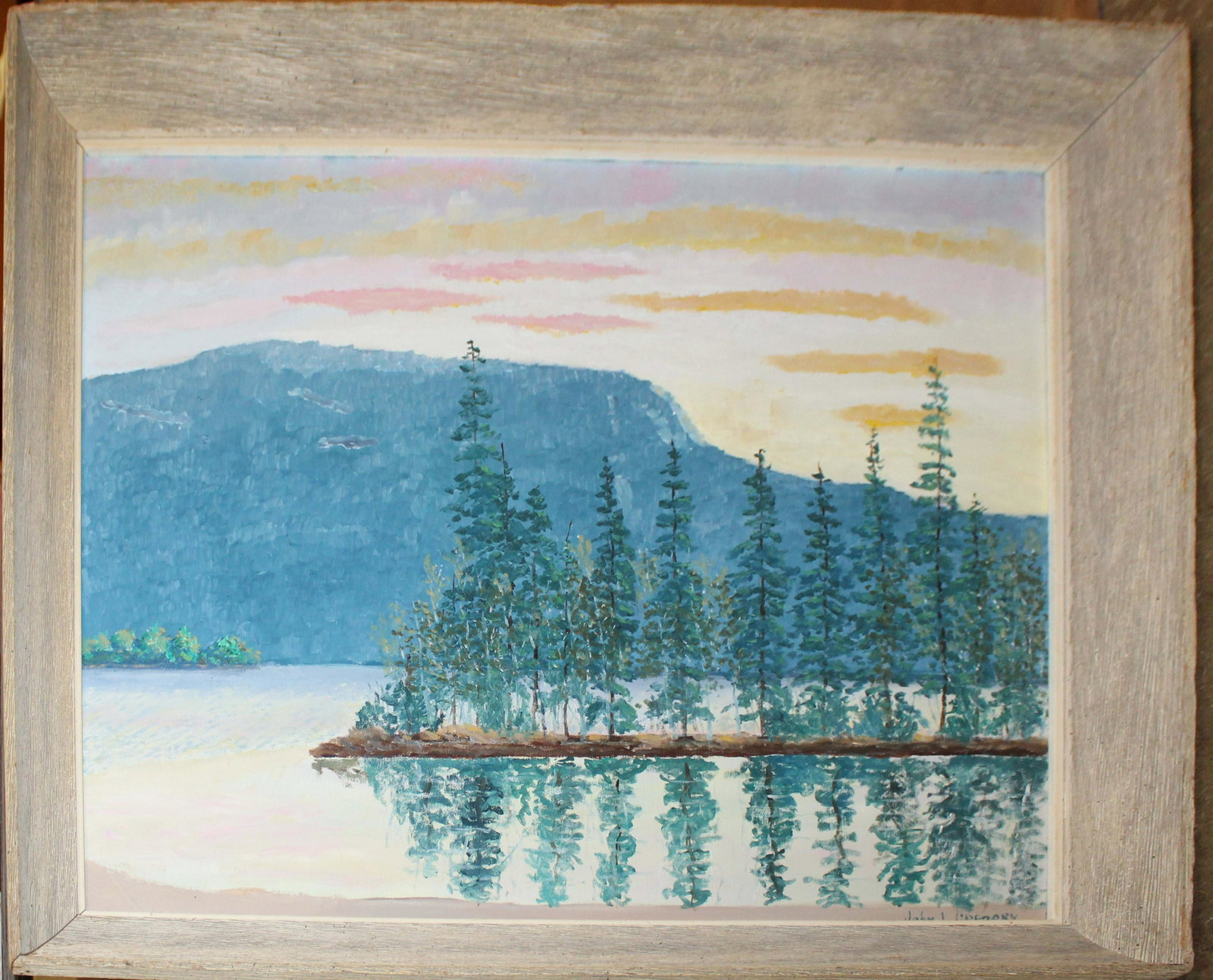 John Gregory( VT 20thc) Just before: John Gregory (Vermont 20th c) Just Before Sunrise Lake Dunsmore VT oil on canvas 24 x 30"