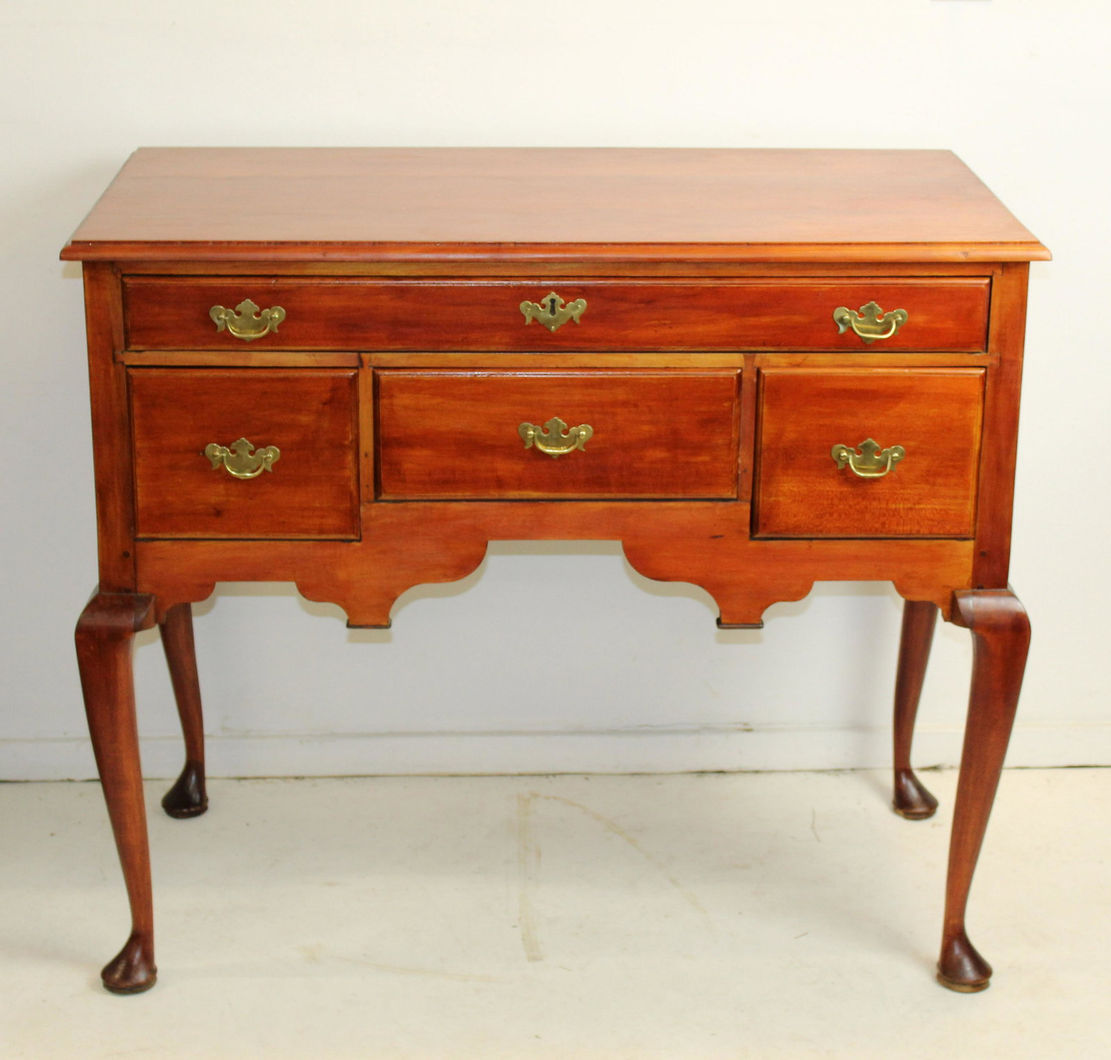 18th c. Queen Anne highboy base: 18th c. Central Massachusetts Queen Anne maple highboy base with inverse rear legs, refinished, top added 40.5" w. 20" d.