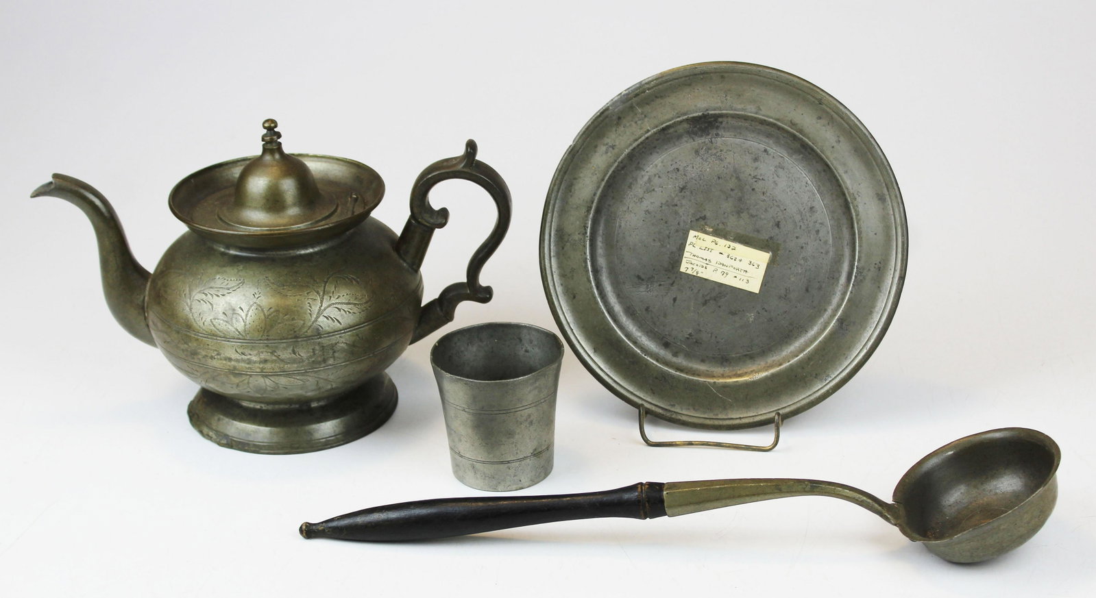 Early American pewter by Danforth, Boardman: early American pewter including Thomas Danforth III 8" pewter plate inscribed on reverse "presented to H J Swetland 2nd by her Grand Mother Lucy Kirtland May 1822, also a Boardman, NY engraved teapot 