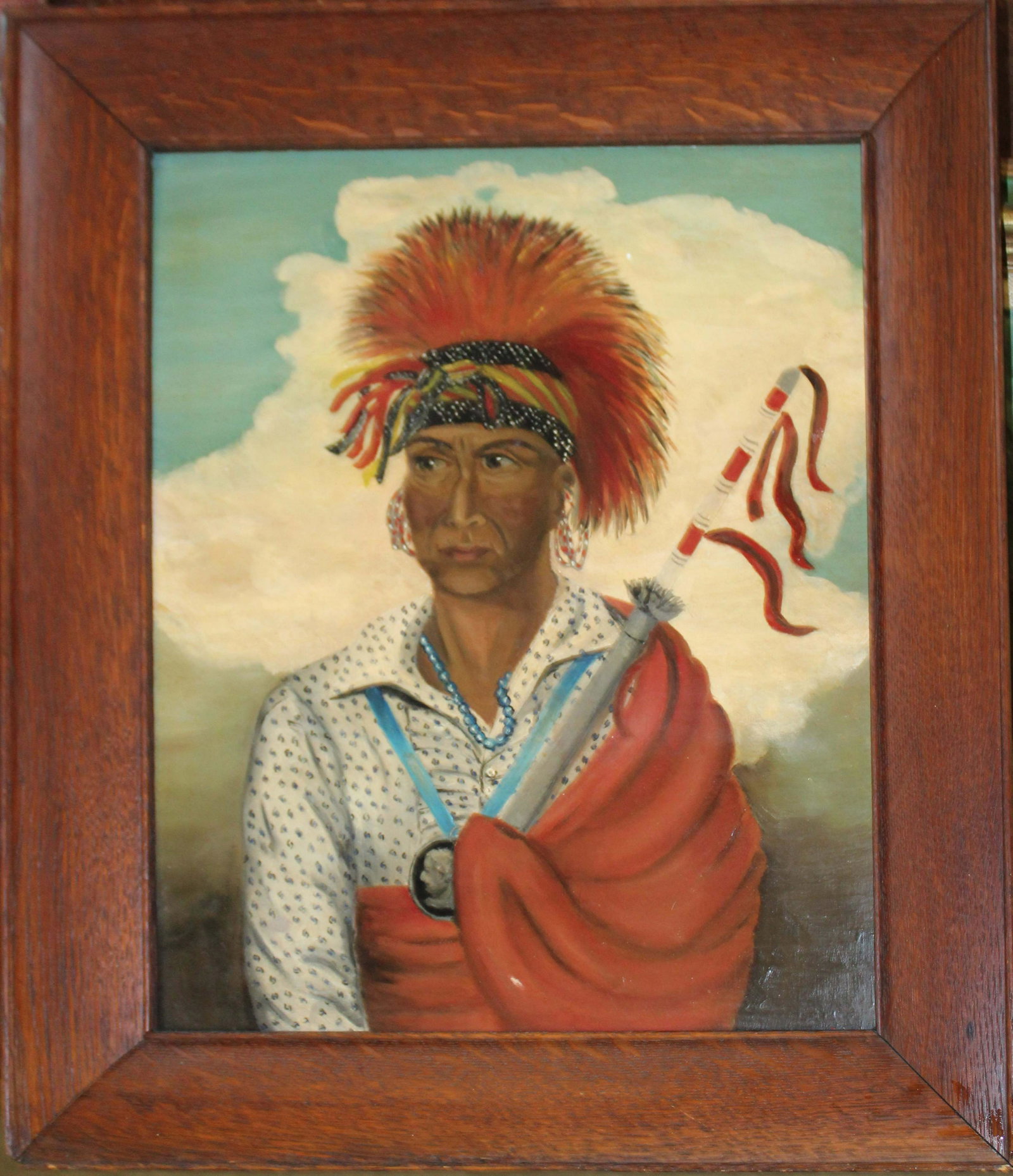 early 20th c Genre portrait of Native American: Early 20th c genre portrait of Native American oil on board identified as Ms. Betty Mitchell 13 x 16"