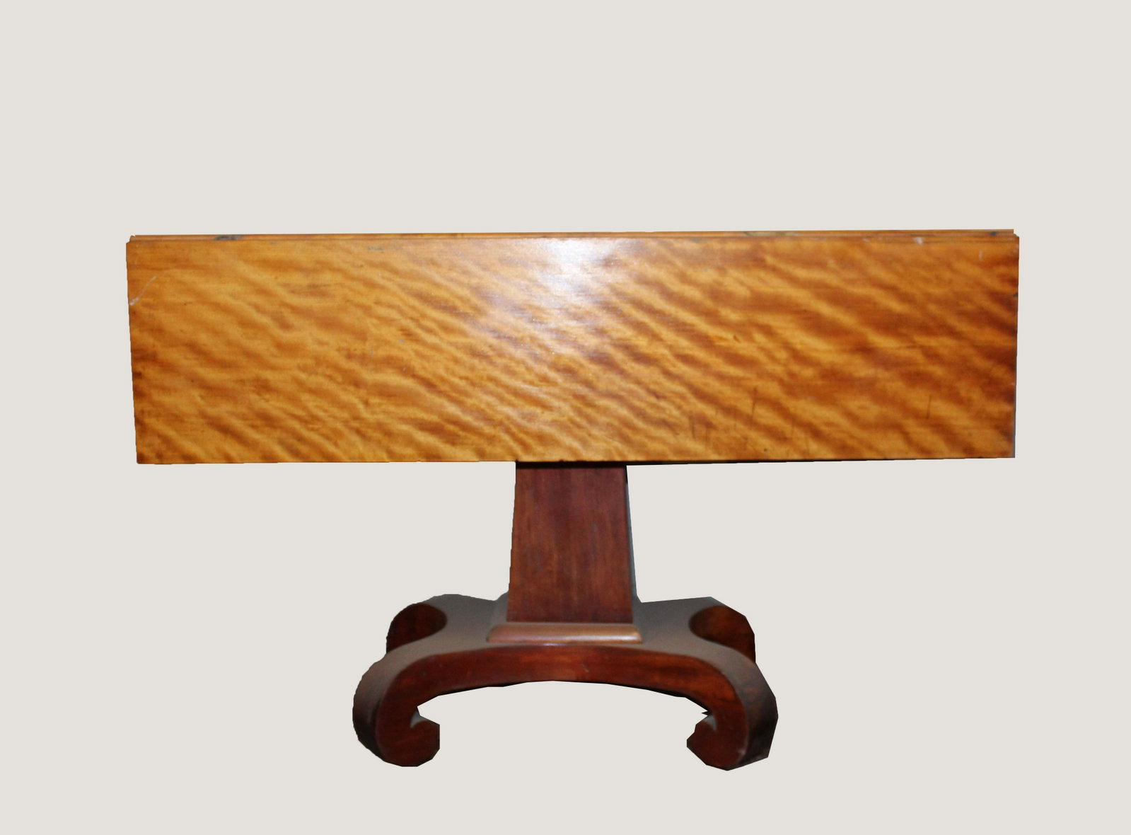 19th c. Empire flame birch d.l. breakfast: ca. 1830 Vermont Federal Era Empire flame birch drop leaf breakfast or parlor table 42" l.