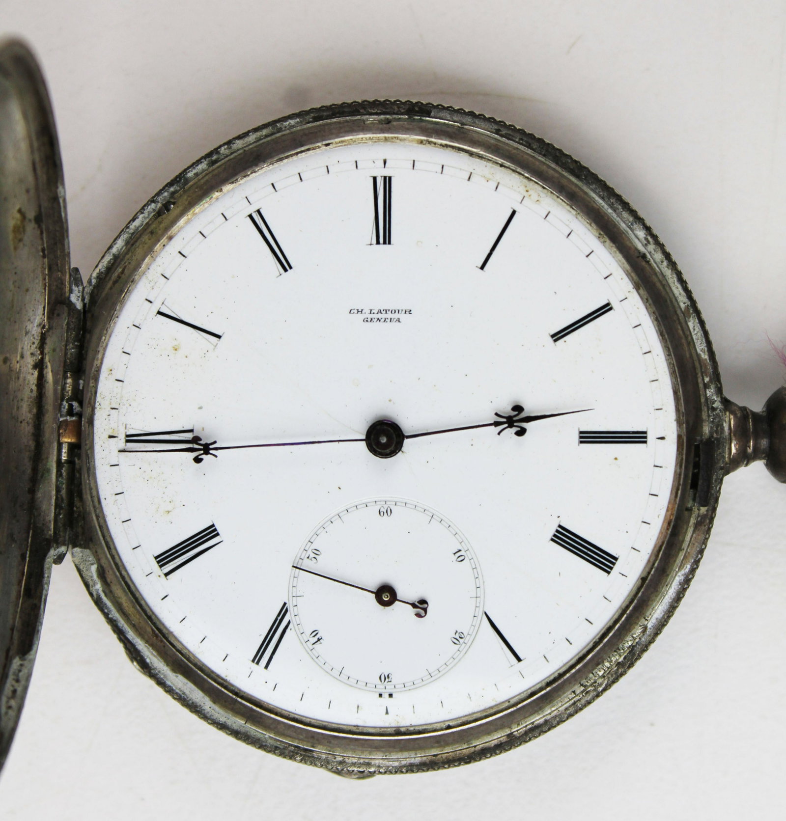 CH Latour coin silver pocket watch: A coin silver closed face pocket watch marked CH Latour Geneva. Key wind. Missing crystal. Roman numerals.