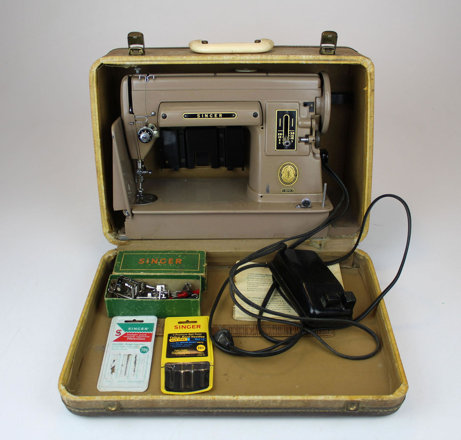 Singer 301A portable sewing machine: Singer 301A portable sewing machine with original case, long bed, ca 1956, good running condition, overall case dimensions 17 1/2" x 12 1/2" x 10"