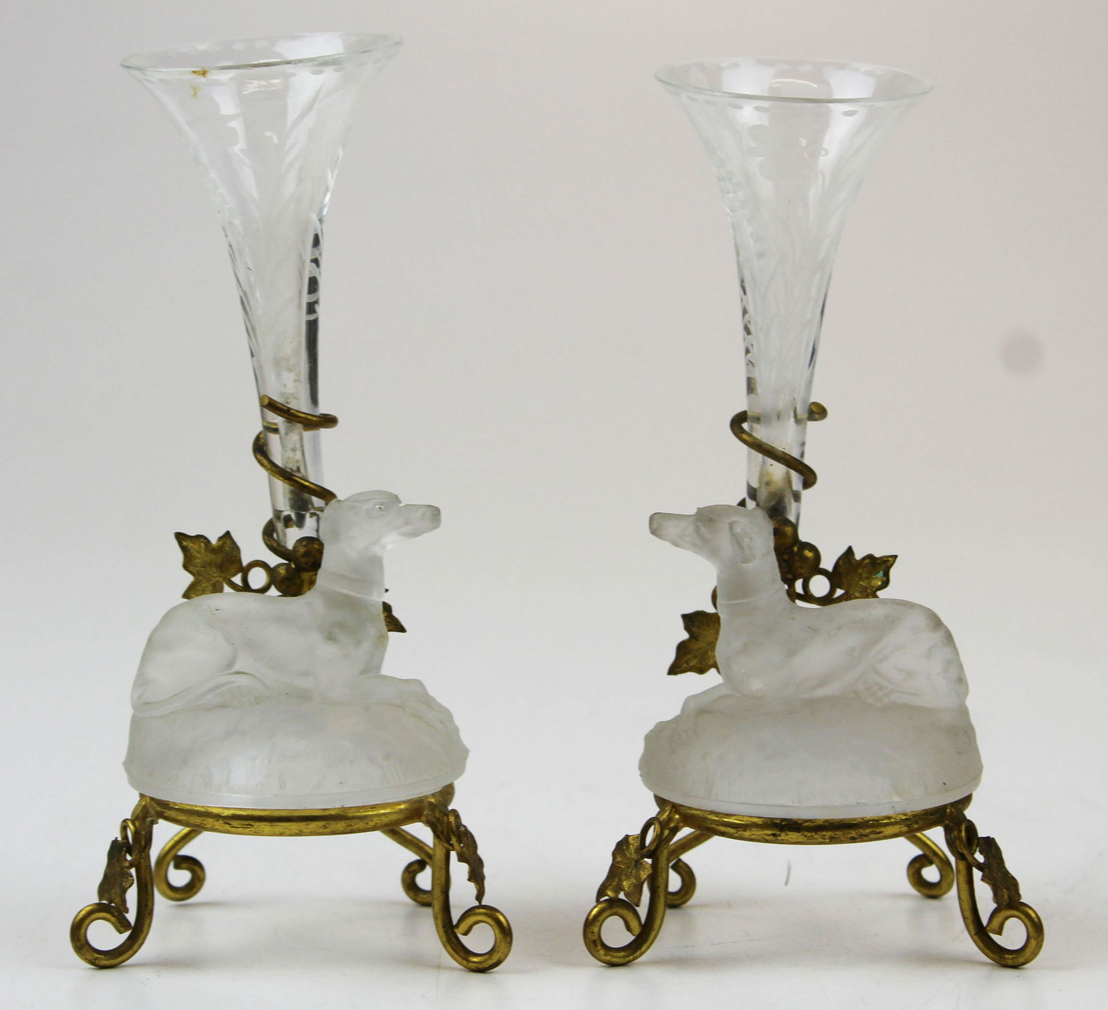 pair of Bohemian glass epergnes with dog figures: pair of late 19th c. diminutive whimsical Bohemian wheel etched glass epergnes with frosted dog figures set in gilt frames 6" x 2.5"