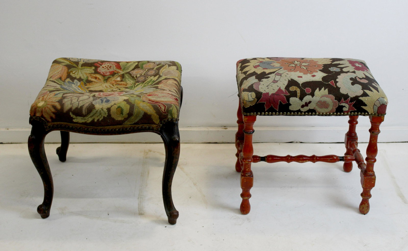 Two stools: Two Stools one Louis XV style needle point seat, the other side