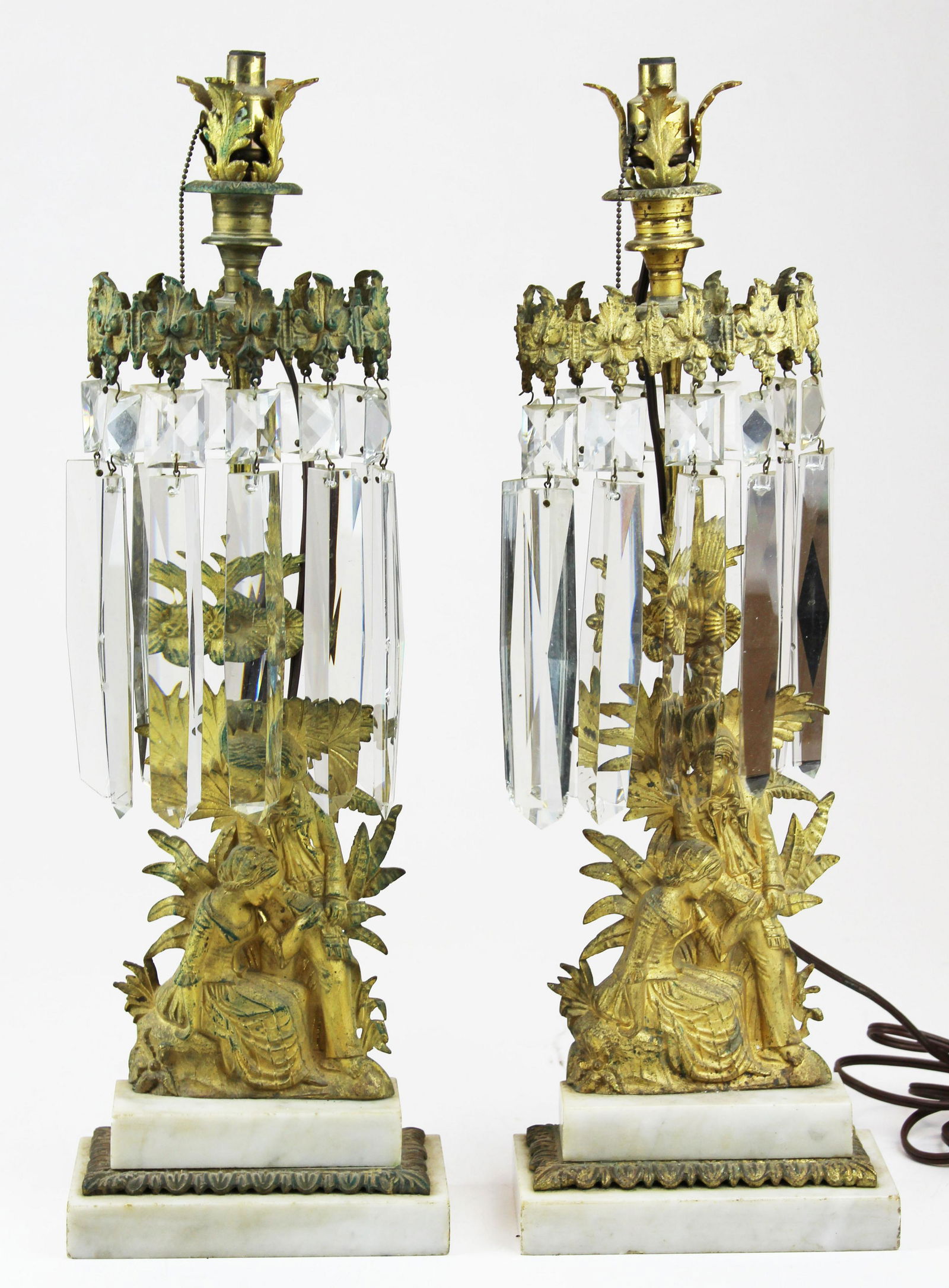 Victorian gilt brass garniture set with prisms: Victorian gilt brass garniture set including good pair of candlesticks (with 51 long prisms, as found, electrified), prism length 5 5/8", hts 19 1/2", 23"