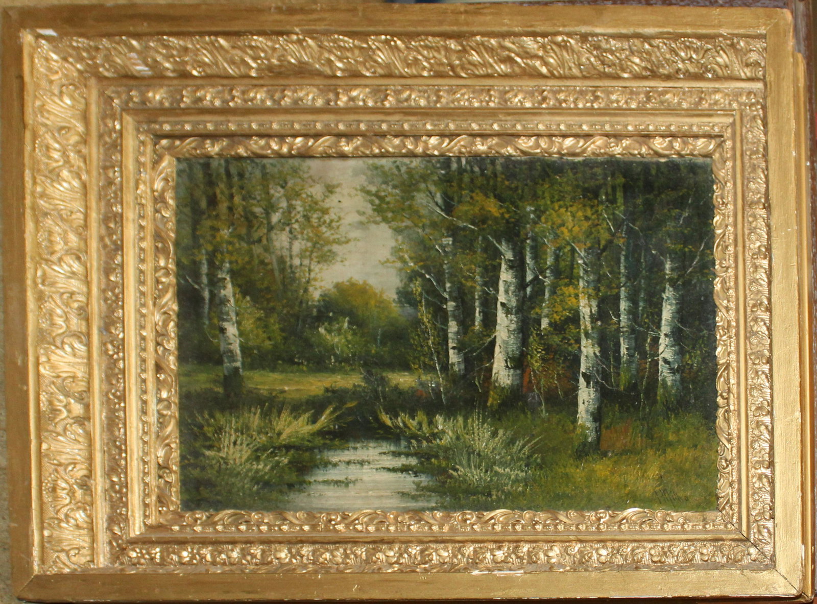 Andrew Millrose (AM 19th c): Andrew Millrose (American 19thc) Landscape with birches oil on canvas 12 x 18"