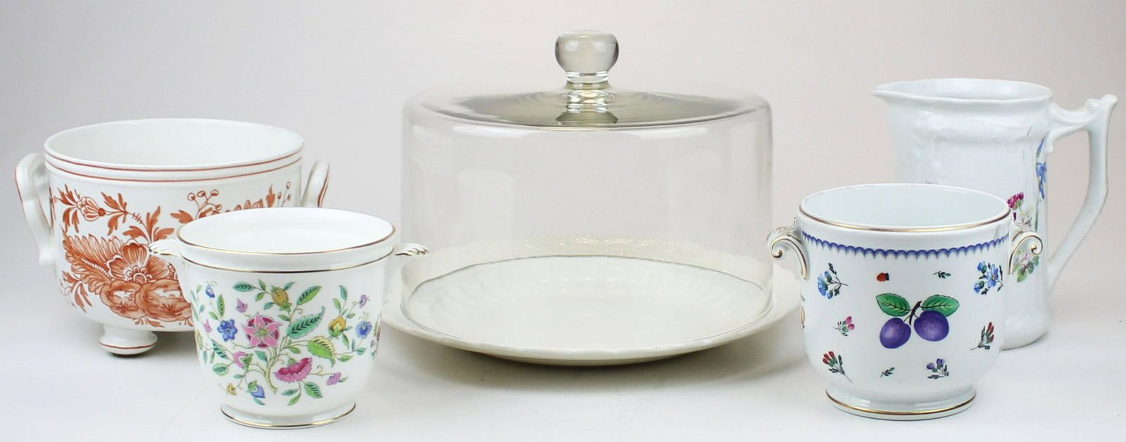 Ginori, Minton cache pots and other porcelain: lot of porcelain including Spode Jewel cake plate with glass dome, Minton Haddon Hall bone china cache pot, Ginori porcelain cache pot, Leroux French porcelain pitcher, and faience pottery cache pot