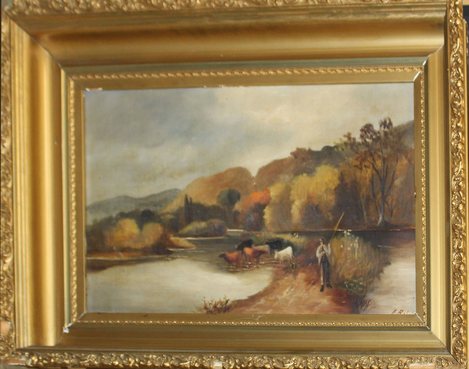 19th c Hudson River school pastoral: 19th c Hudson River school pastoral with cattle monogrammed ERL 12 x 20"
