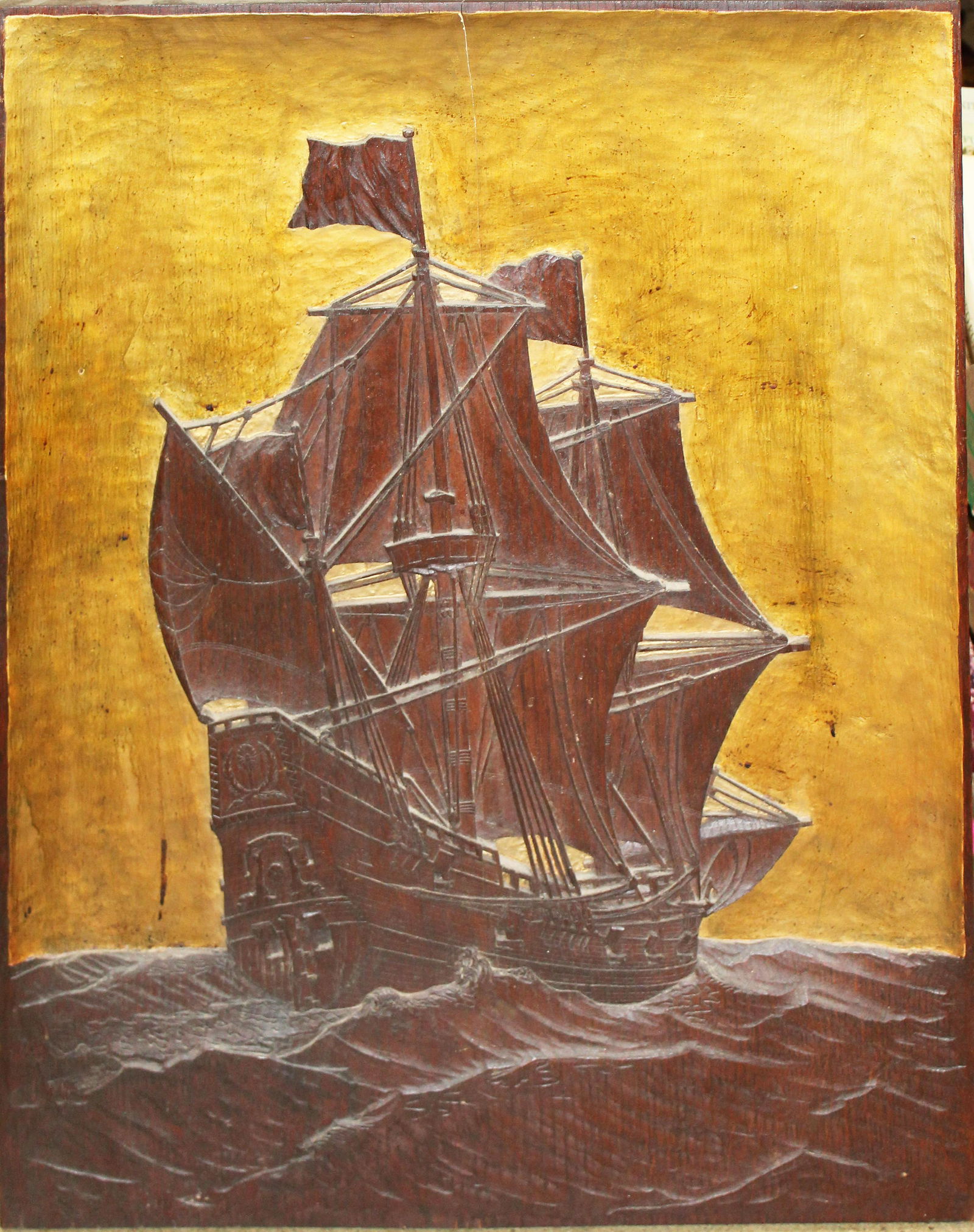 mid 20th c relief carved ship plaque: mid 20th c relief carved ship plaque, drying crack, 28" x 21"