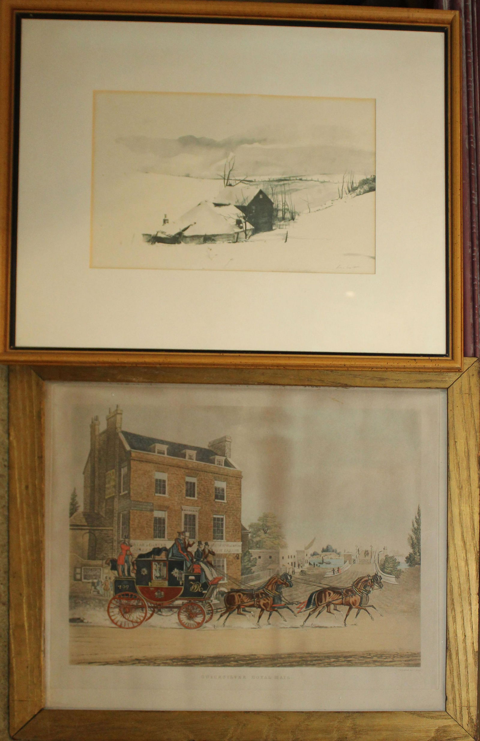 Two prints: Two prints early 20th c Restrike of an English Coaching scene Quicksilver Royal Mail, 14 x 18", Andrew Wyeth offset lithograph winter scene 8 x 13"