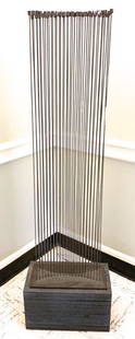 Val Bertoia Kinetic steel sculpture: Val Bertoia (B. 1949) Kinetic steel sculpture. 44 steel rods mounted to a steel plate. 48" long. Set on a rectangular block of grey slate. 17" x 9" x 9". Total Height 57". A gift from the Bertoia fami