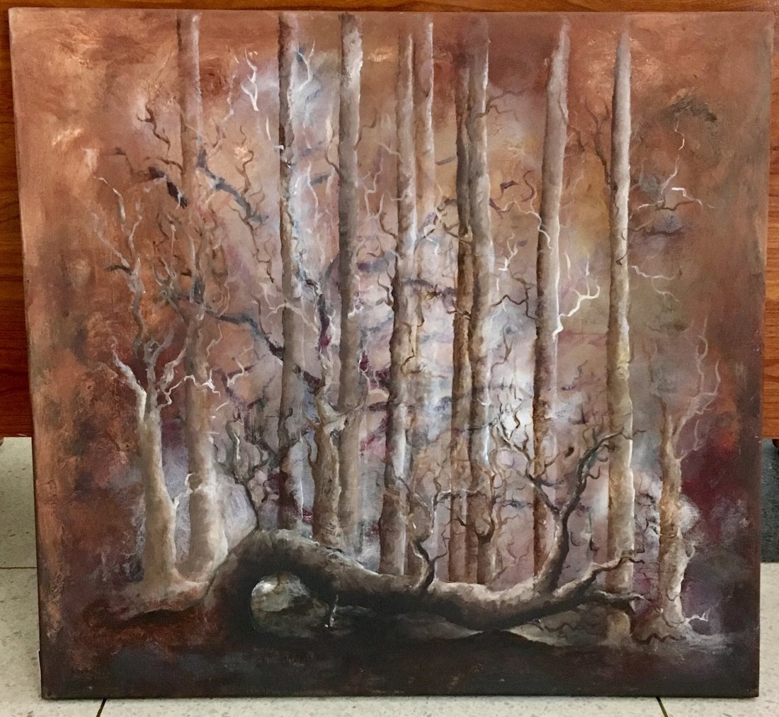 Oil on canvas by Julia Taylor 2011: Modern oil on canvas signed by Julia Taylor 2011 titled "Through the Trees". 27" x 29"