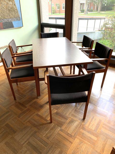 Jens Risom design dining room set: Jens Risom Danish modern mid century design dining room set or conference set including table and six arm chairs. Table 3' x 5 1/2' teak and original covering on chairs in good condition.