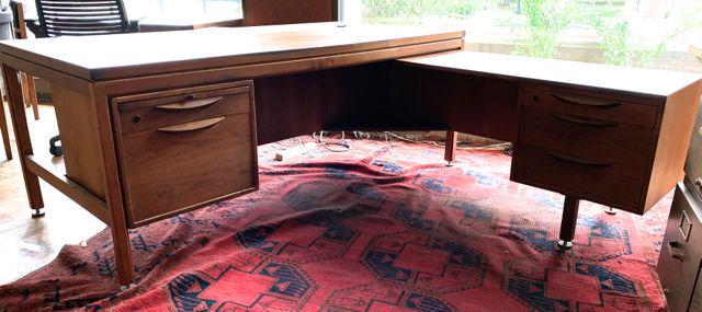 Jens Risom design executive desk: Jens Risom Danish modern mid century L shaped teak executive desk. 74" x36". Conference desk with L shape, file drawer, supply drawer, and writing slide. L section measures 20" x 44" with 3 drawers.
