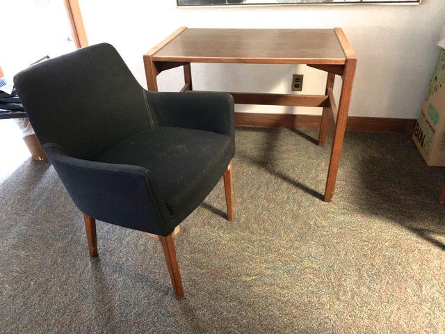 Jens Risom design teak desk and chair: Jens Risom design teak mid century modern Danish desk and arm chair. 36" x 24" top, original covering on chair.