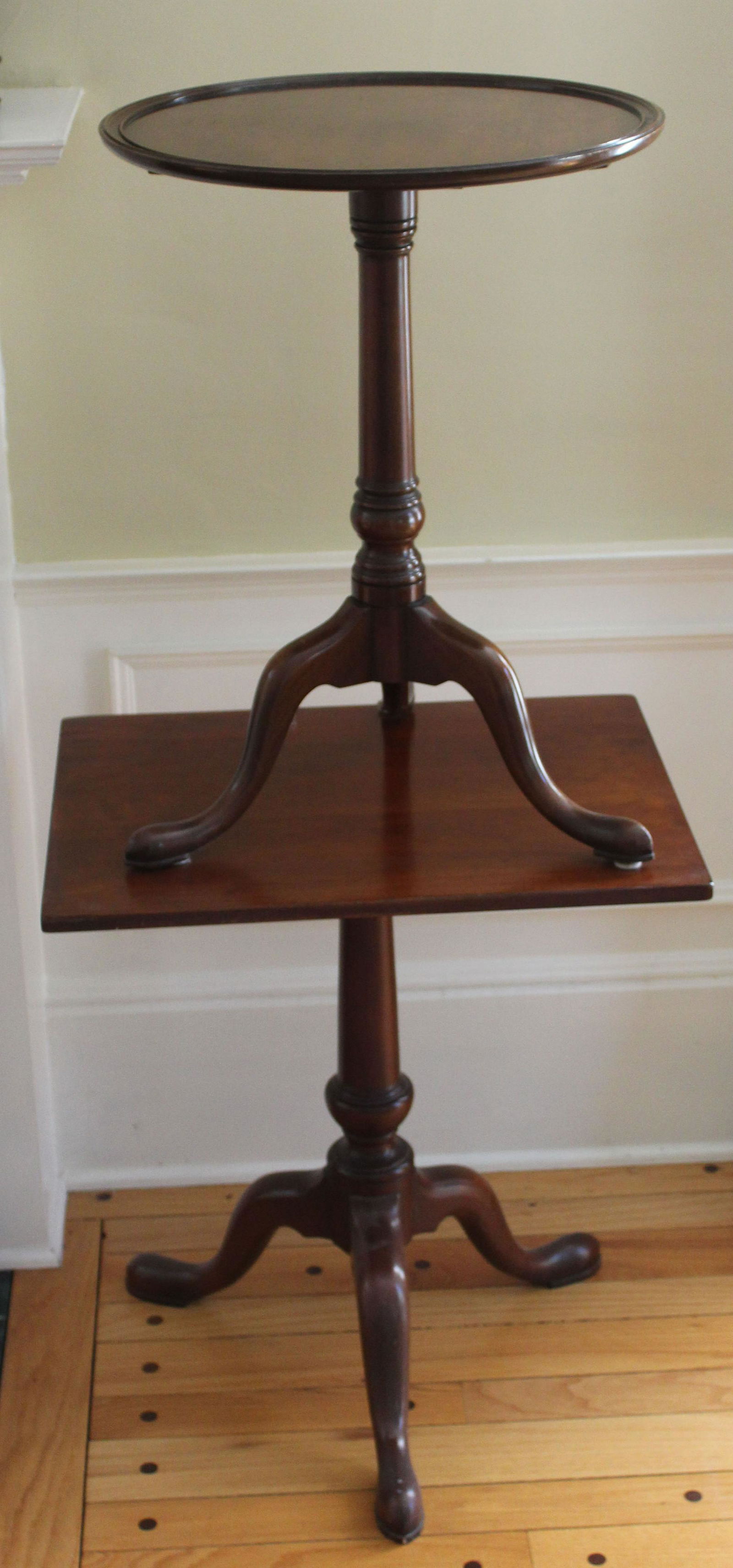 2 Kittinger Queen Anne style snake leg stands: 2 Kittinger mahogany Queen Anne style snake leg stands, one having dish top, one having rectangular top 20" x 27", 25" X 19" x 27"