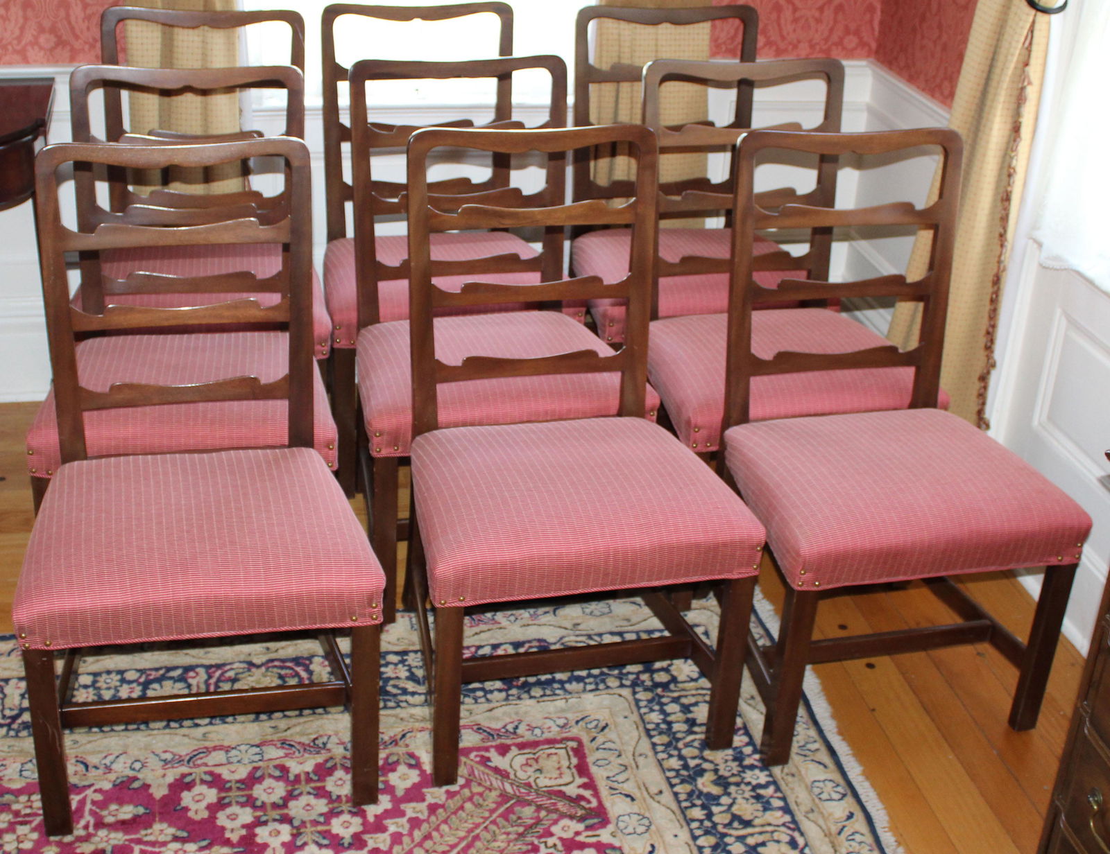 set of 10 Kittinger mahogany dining chairs: set of 10 Kittinger Chippendale style ladder back mahogany dining chairs in red ribbed red satin upholstery 37" x 21" x 17"