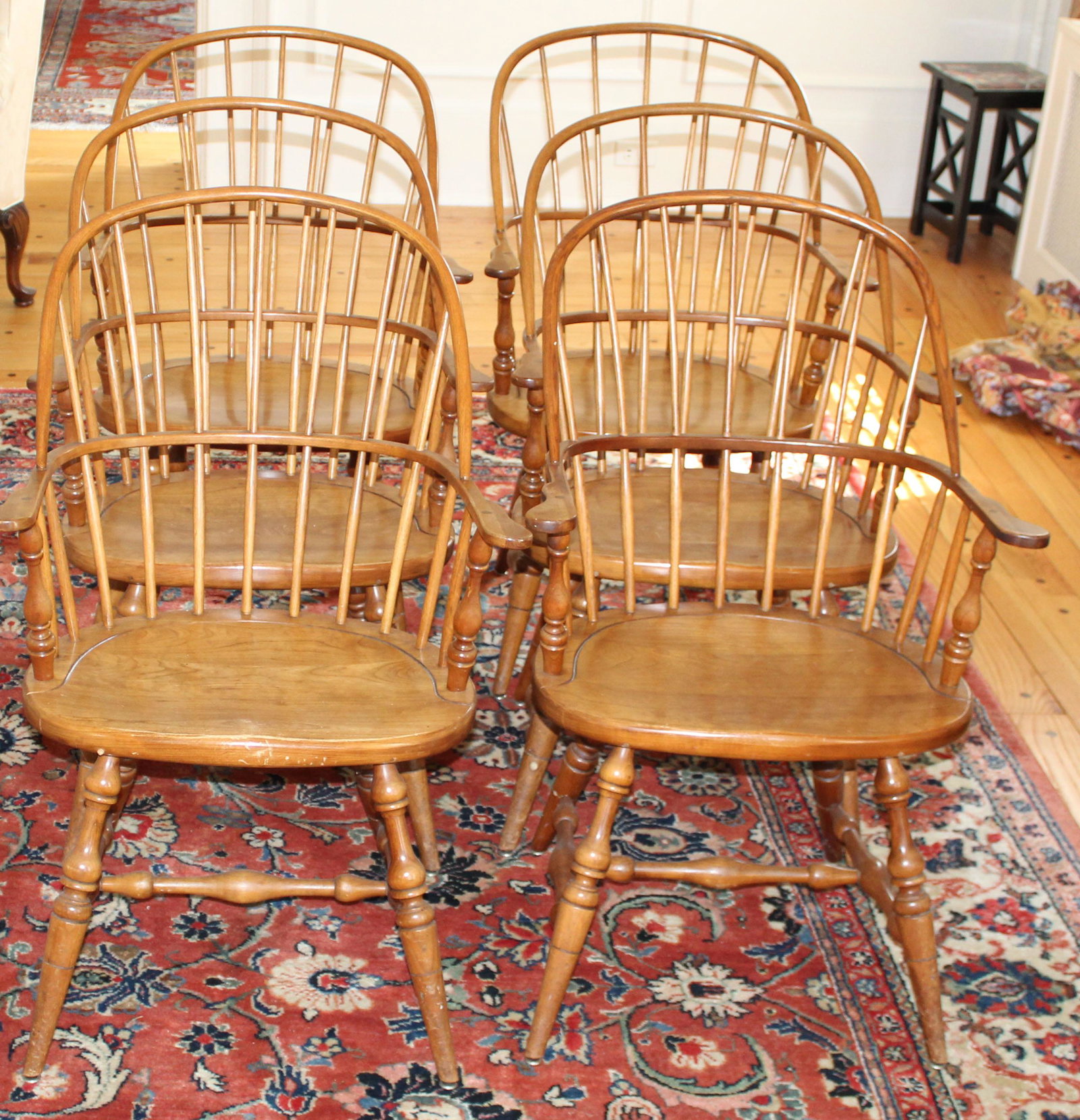 6 Leopold Stickley sack back windsor armchairs: set of 6 mid 20th c. Leopold Stickley Cherry Valley sack back windsor armchairs ht. 36"