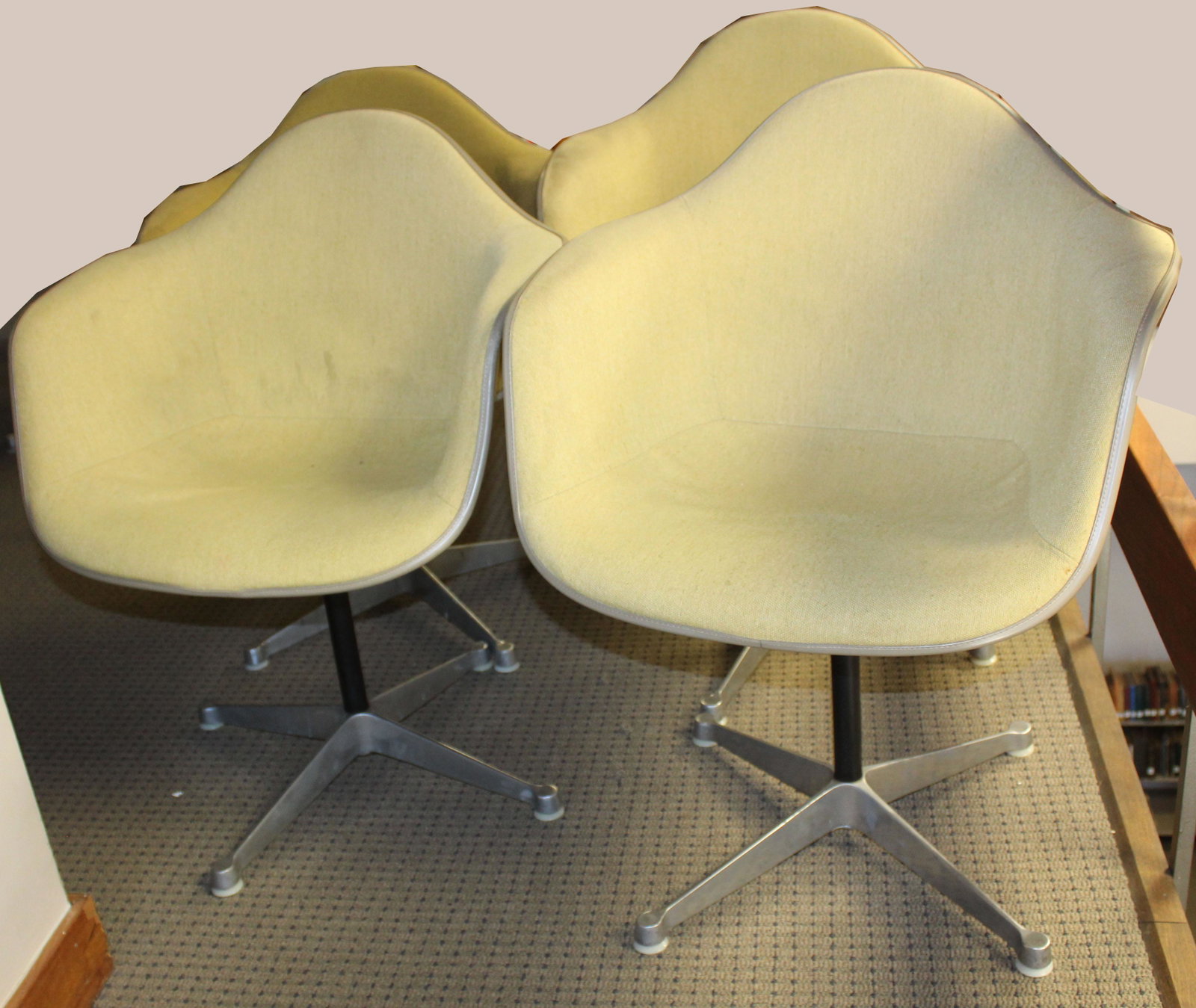 Four Gold Herman Miller Shell Chairs: Charles and Ray Eames designed Herman Miller "La Fonda" mid-century industrial shell chairs dated Feb 1970 most marked with GMC LIB underneath