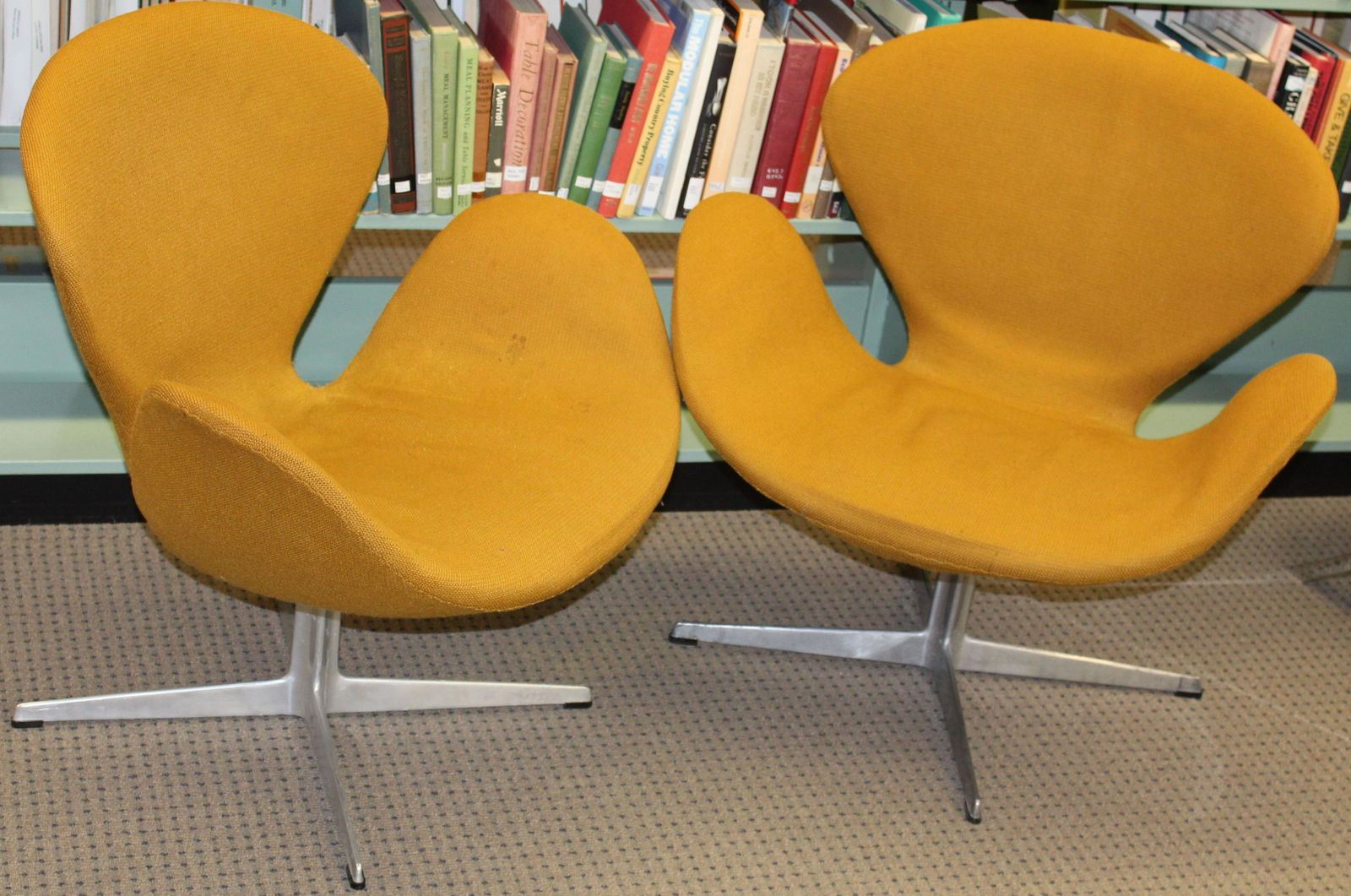 Pair of Arne Jacobsen for Fritz Hansen Swan Chairs: Pair of Arne Jacobsen Swan chairs by Fritz Hansen Denmark in original gold upholstery Approx 30" w 33" h