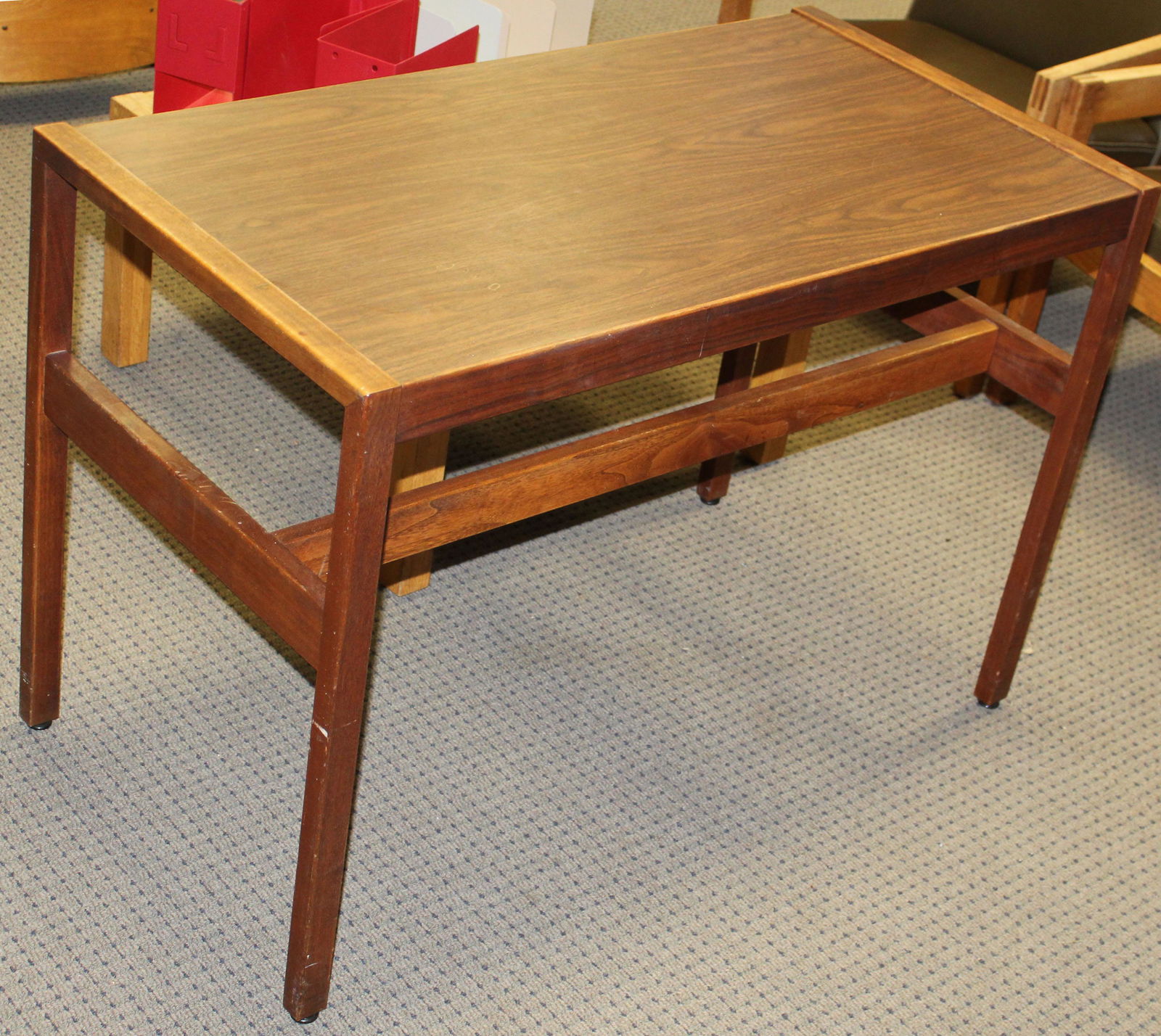 Jens Risom Walnut mid century table: Jens Risom Mid Century Walnut library table with solid wood ends and laminate top 22 x 42 x28"