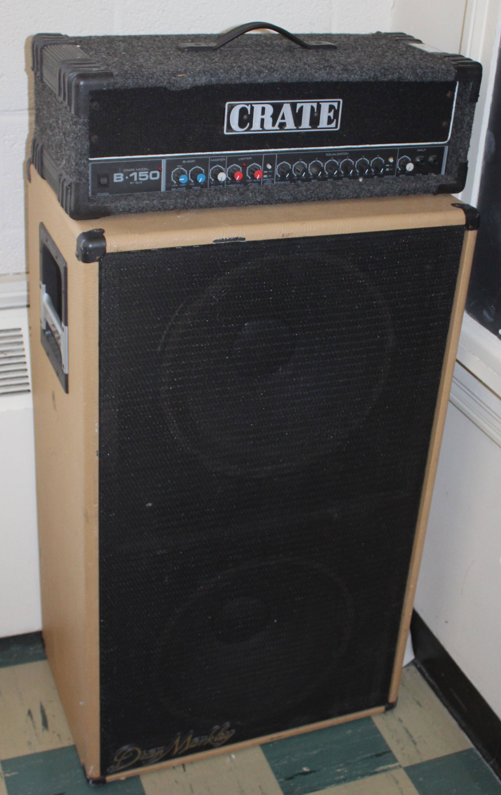 Crate B-150 Bass Head: Crate B150 solid state bass amplifier head as is and in untested condition with Dean Markley 2x 15" cabinet as is where is.