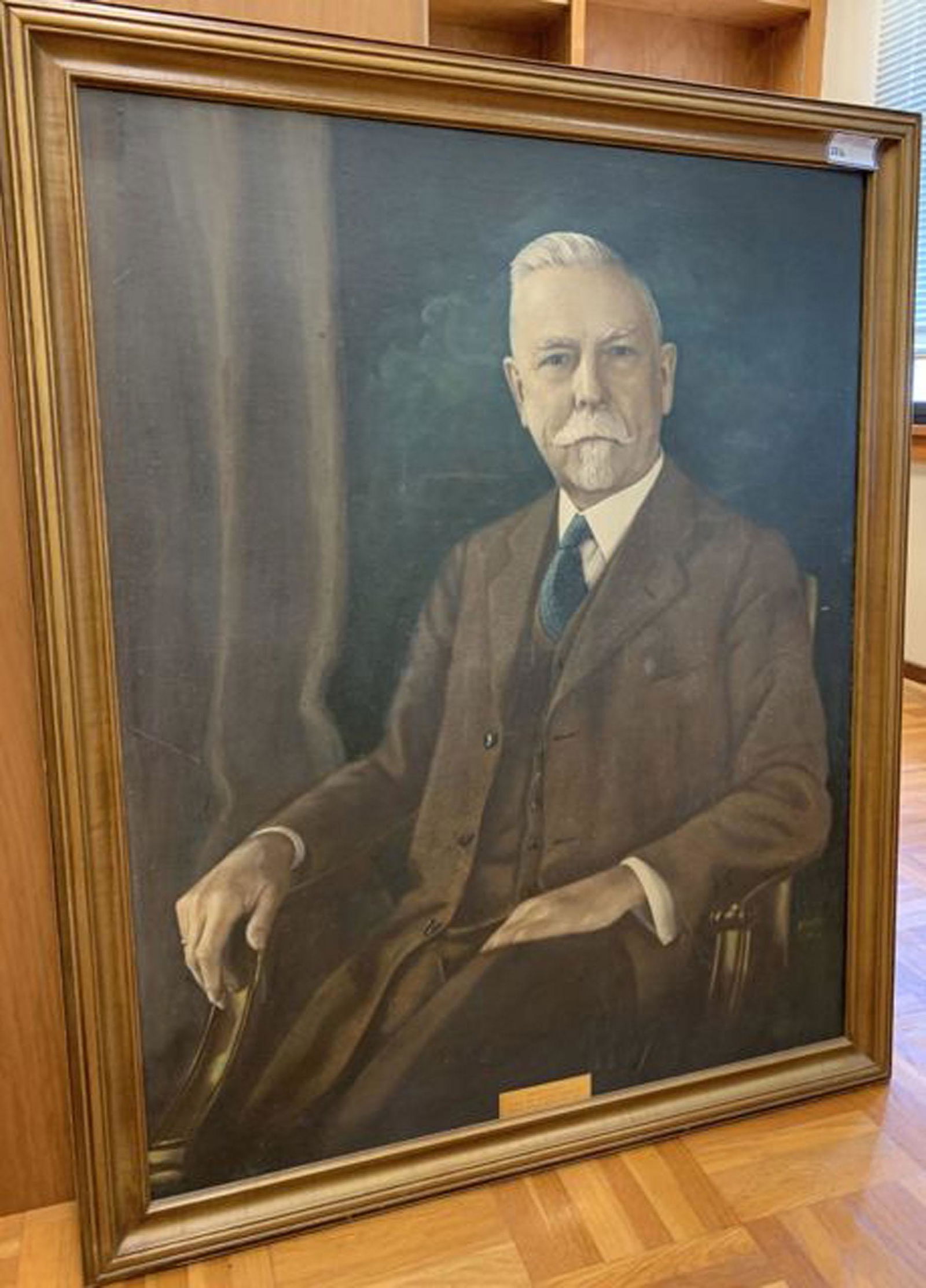 Oil on board portrait by Ernest Drake: Oil on board portrait of Horace A Moses member of the board GMC (1901-1923) signed by Ernest Drake (1881-1943) 31" x 40"