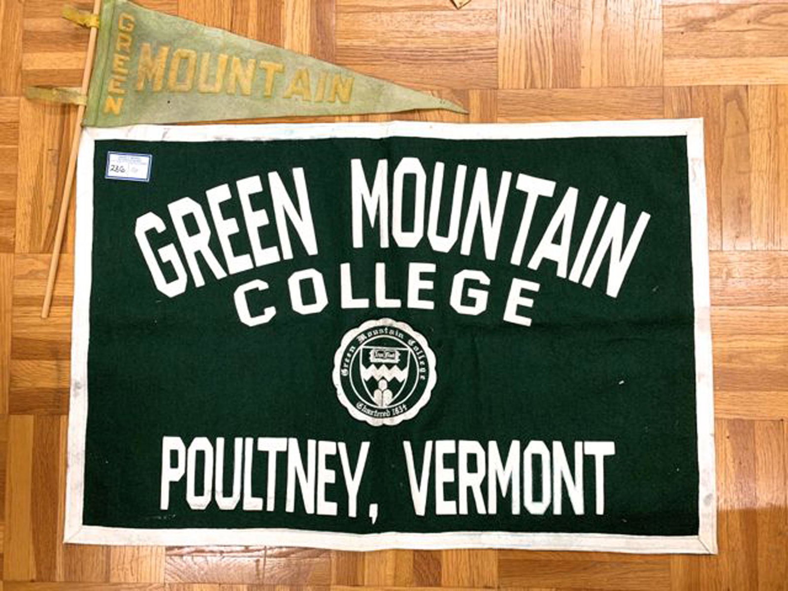 Green Mountain College banner: Green Mountain College ca. 1950 felt banner 35" x 23" and pennants