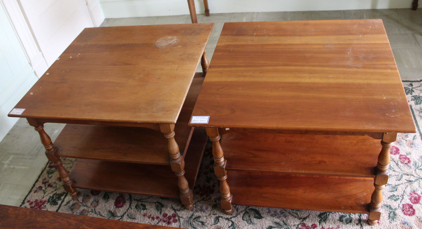 pair of Stickley Cherry Valley end tables: pair of labeled L. & J.G. Stickley Cherry Valley 3 tier Colonial Revival William and Mary style end tables 24.5" x 30" x 30" -one with some water \spots on top