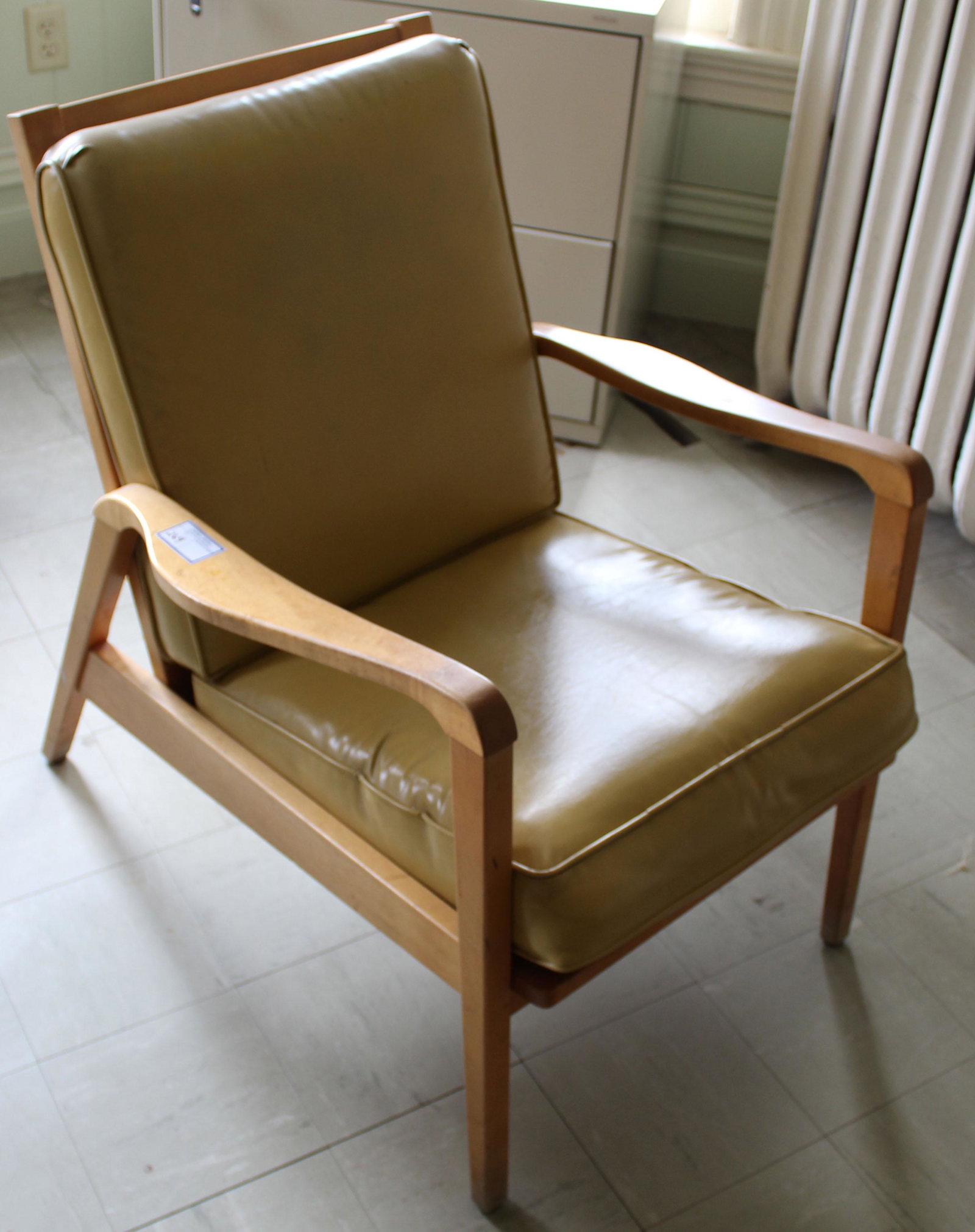 mid century maple frame low slung back armchair: 1960's mid century style maple frame low slung back armchair with mustard colored leatherette cushions