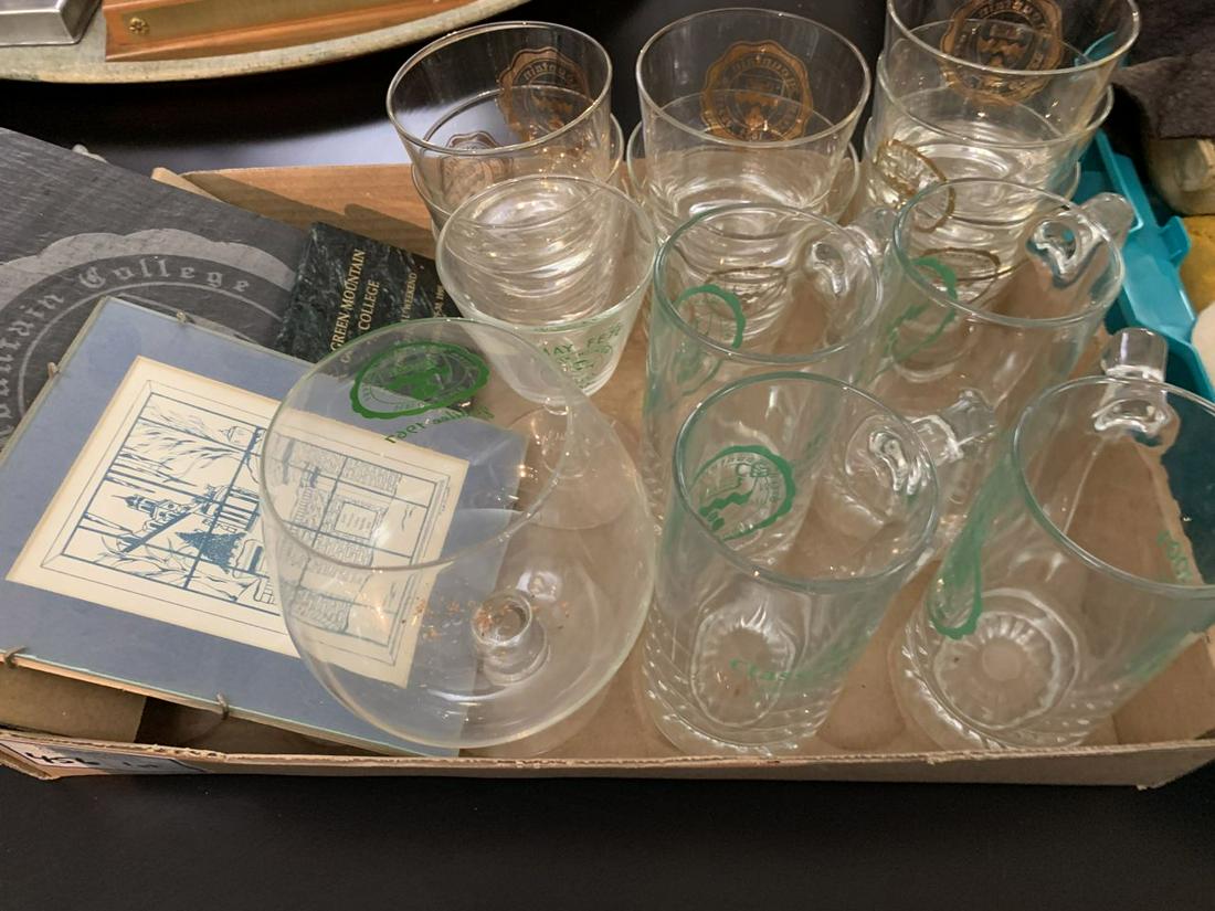 lot of Green Mountain College glassware, etc.: lot of Green Mountain College Poultney, VT glassware including set of rocks glasses, stemware, , engraved slate tile with college seal, framed print, marble coaster
