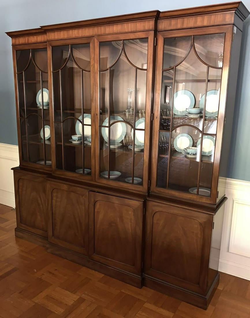 attr. Kittinger mahogany breakfront china cabinet: attributed Kittinger Chippendale style flame mahogany 2 part breakfront china cabinet or bookcase with glazed glass upper door and 4 paneled lower doors, interior flatware drawer in excellent original