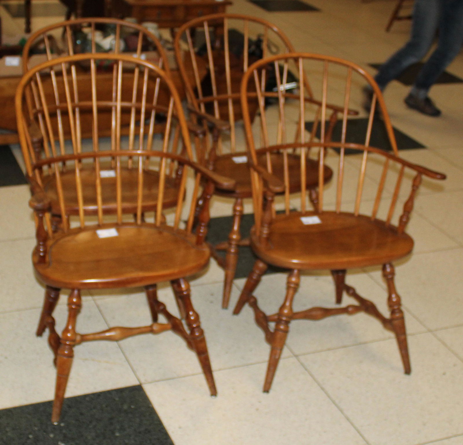 4 Leopold Stickley sack back windsor armchairs: set of 4 L & J. G. Stickley Cherry Valley Leopold Stickley mid 20th c. sack back windsor style armchairs 37" x 24" x 24"