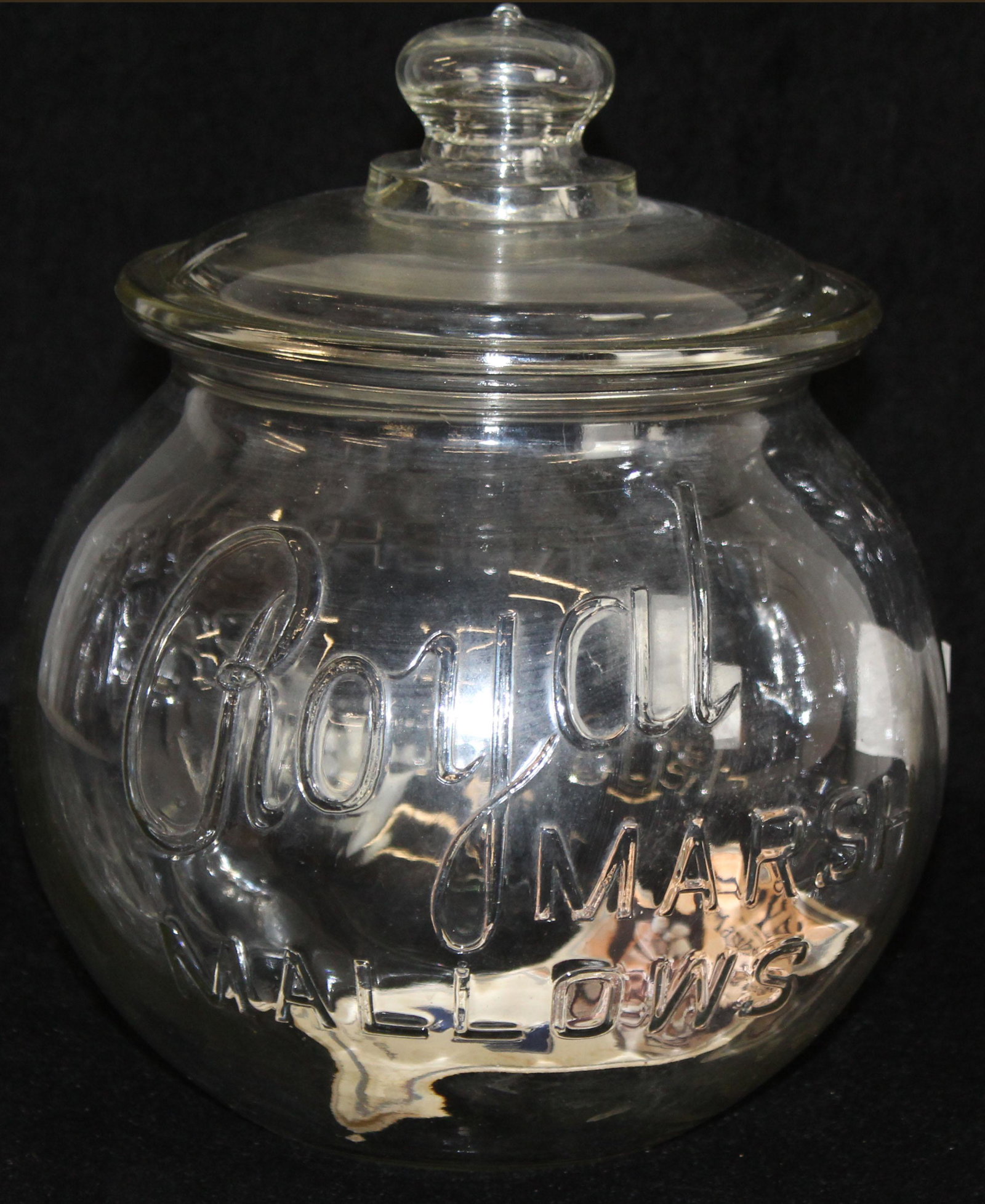 Royal Marshmallows glass store display jar: Royal Marshmallows glass store display jar, The Rochester Candy Works, Rochester, NY, embossed raised lettering on both sides, ht 12", diameter 10"