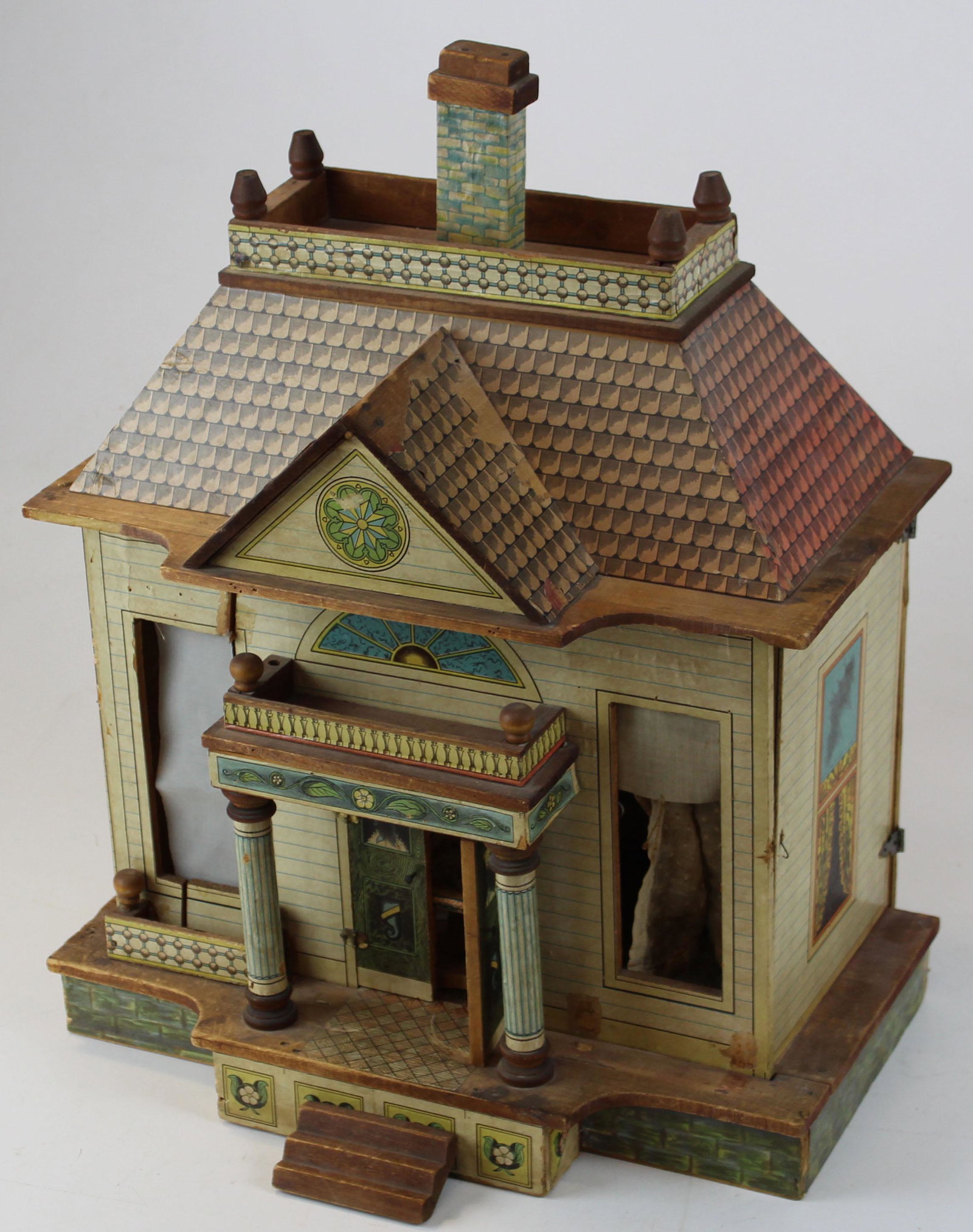 ca 1900 Bliss Mansion House doll house: ca 1900 Bliss "Mansion House doll house, one window planter box missing, some curtains lost, ht 21"