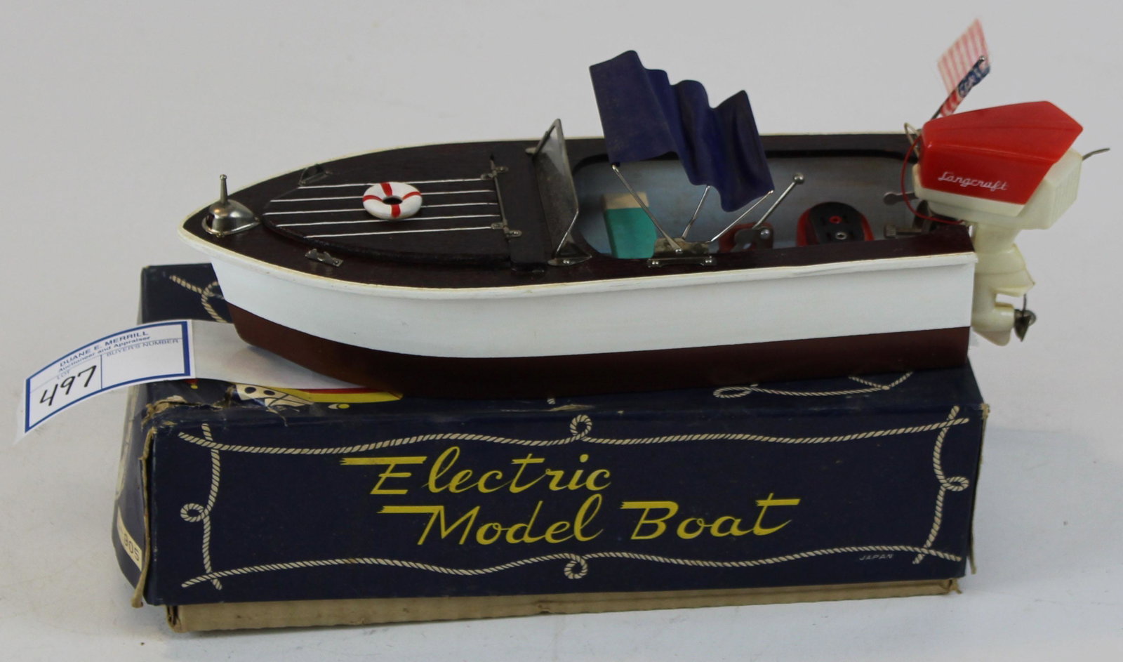 1950's Langcraft electric model boat: 1950's Langcraft electric model boat, battery operated speedbot with motor, original box, clean battery box, overall length 11 1/2"