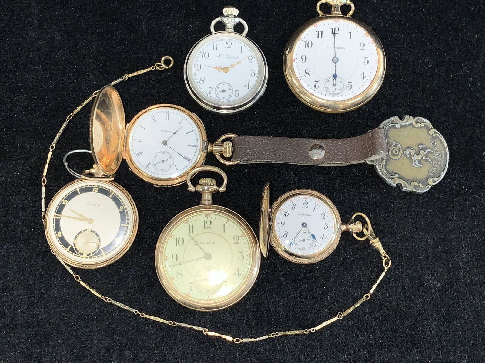 A group of 6 pocket watches.: A group of 6 pocket watches including Illinois open face running, Cyma Art Deco open face running, South Bend open face running, Waltham & Illinois hunter case, & a New England open face.