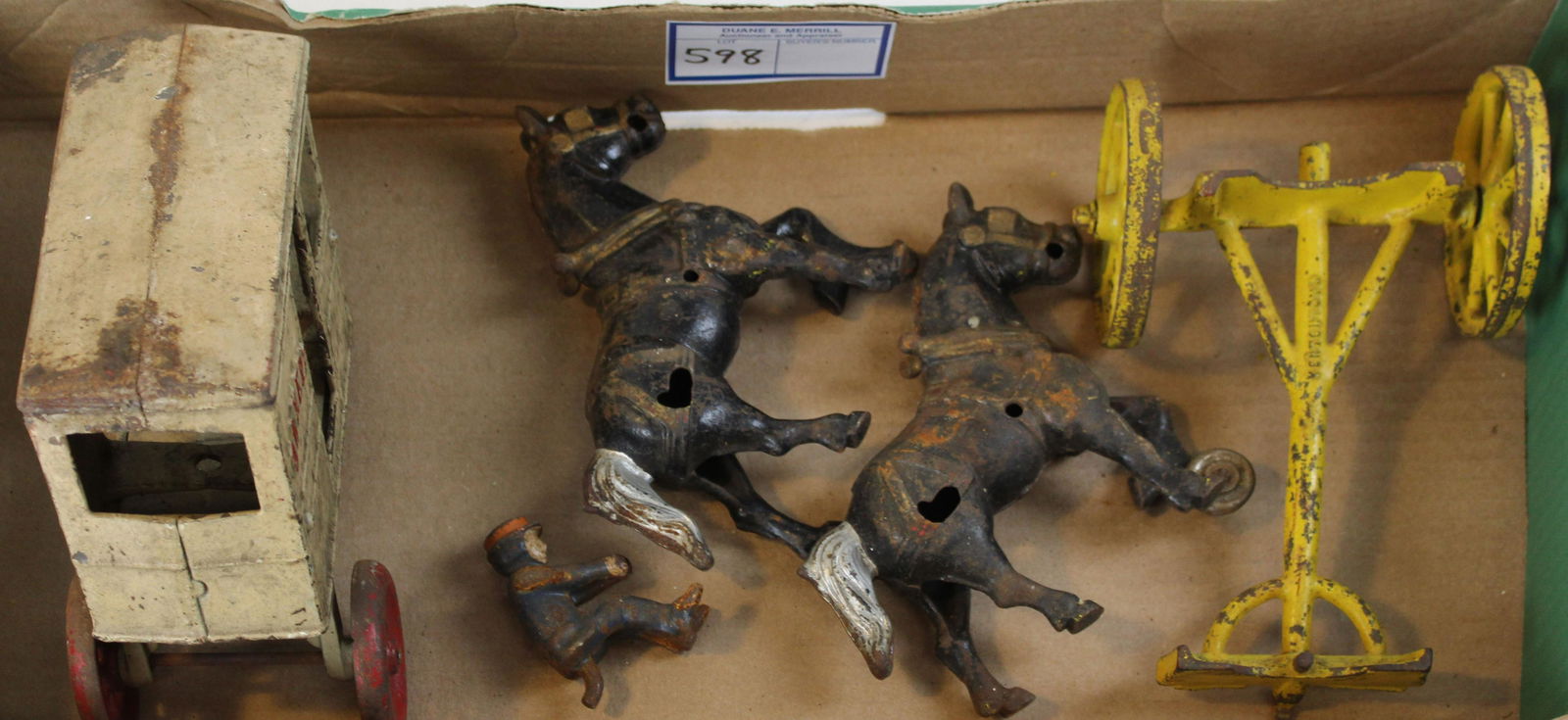 Kenton cast iron bakery wagon parts: Kenton cast iron horse drawn bakery Wagon (incomplete), extra horse, another Kenton set of wheels & shaft, driver